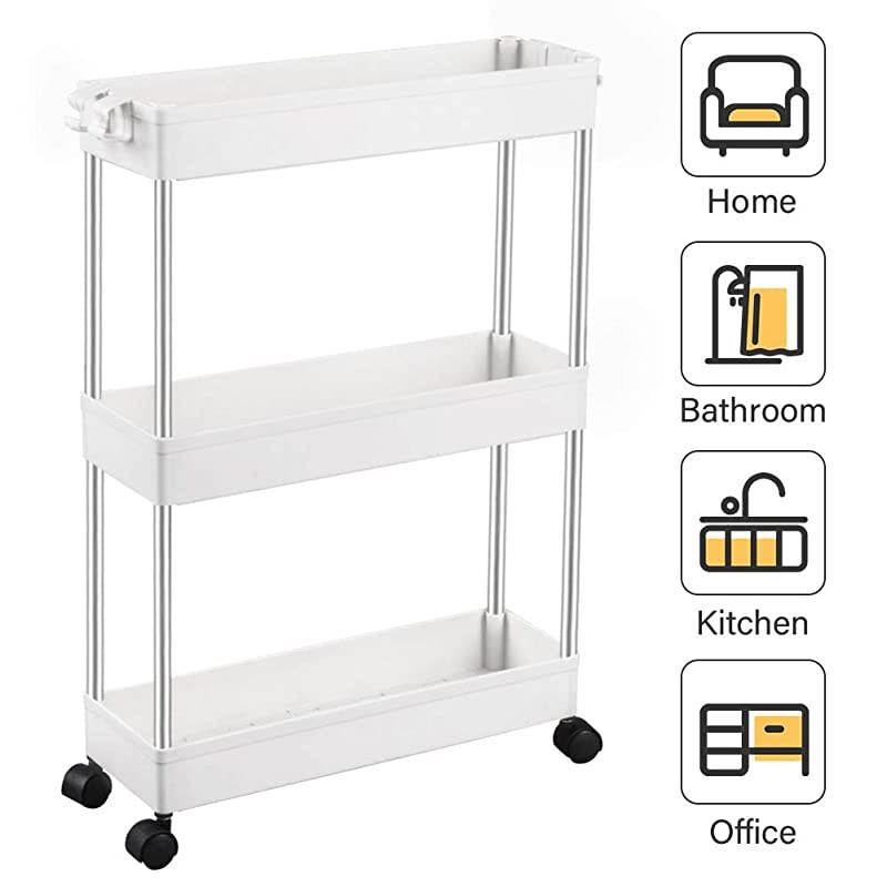 3 Tier Slim Storage Cart Mobile Shelving Unit Organizer Slide Out Storage Rolling Utility Cart Tower Rack for Kitchen Bathroom Laundry Narrow Places Plastic amp Stainless Steel White