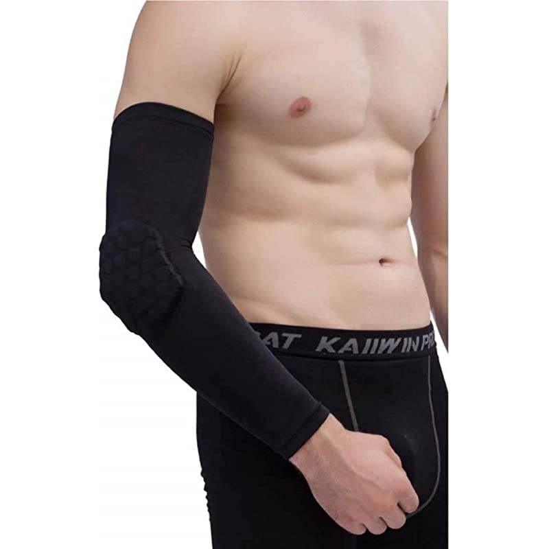 Hex Padded Arm Sleeve Compression Padded Elbow Arm Sleeve with Elbow Pad for Football Volleyball Baseball Protection 1 Pair Black Size L