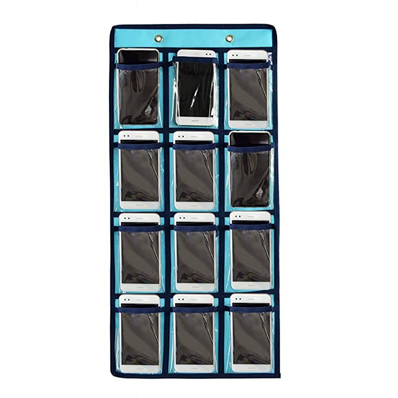 Hanging Closet Underwear Sock Jewelry Storage Over The Door Classroom Cell Phone Calculator Organizer 12 Clear Pockets (Blue)