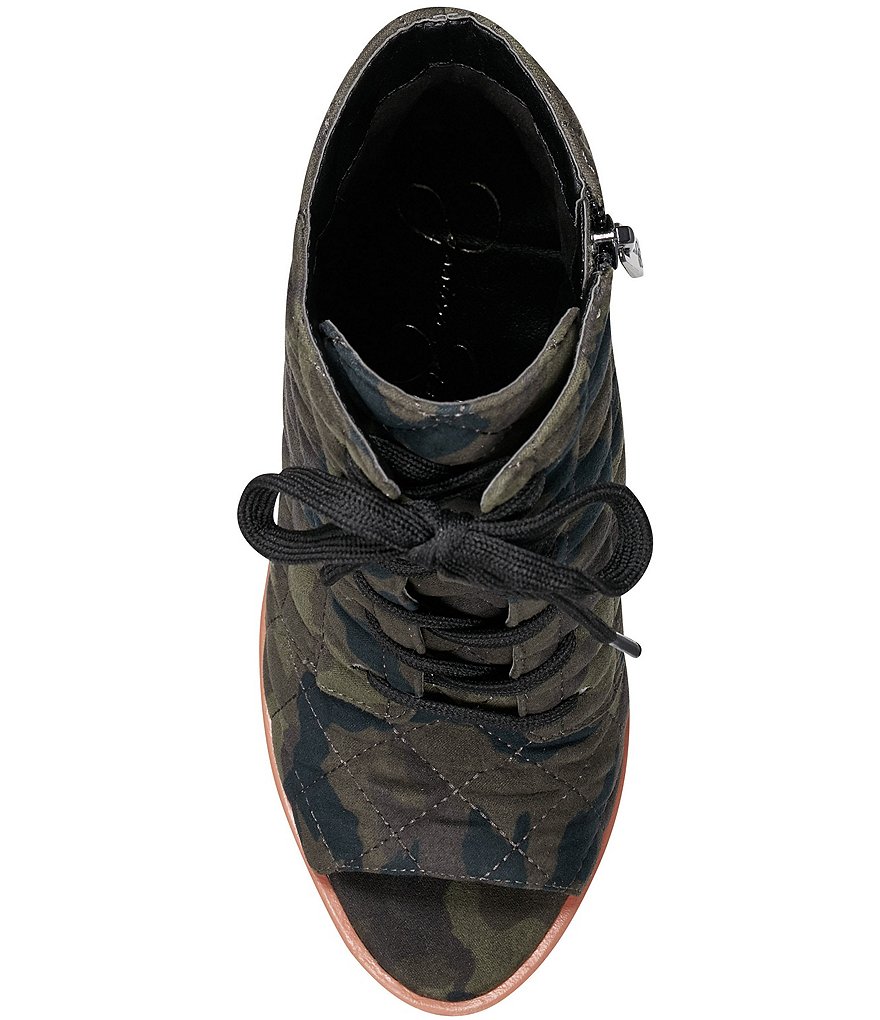 Jessica Simpson Lizzah Quilted Camo Print Peep Toe Platform Block Heel Lug Sole Booties