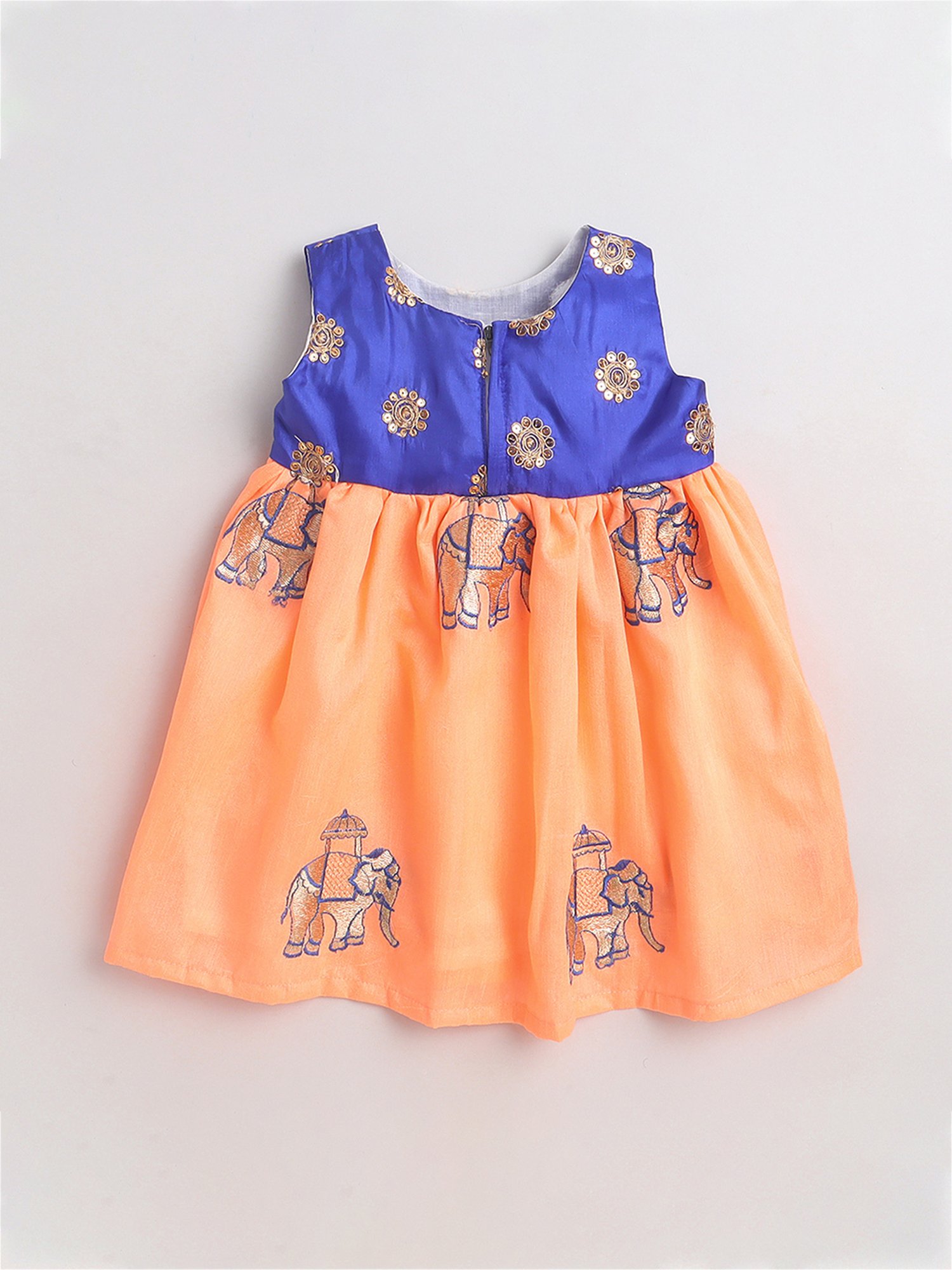 Many Frocks Kids Blue & Peach Embroidered Dress