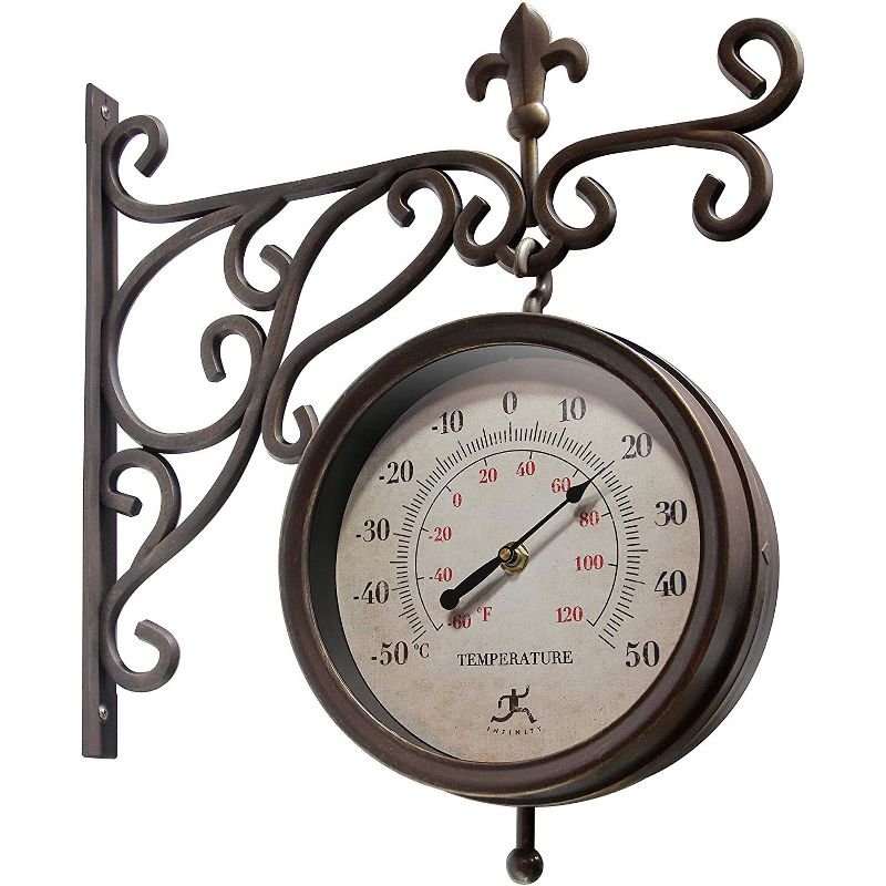 Infinity Instruments 20079AB-4430 Beauregard Decorative Outdoor Hanging Wall Clock and Thermometer Combo with Hanging Bracket, Antique/Vintage Copper