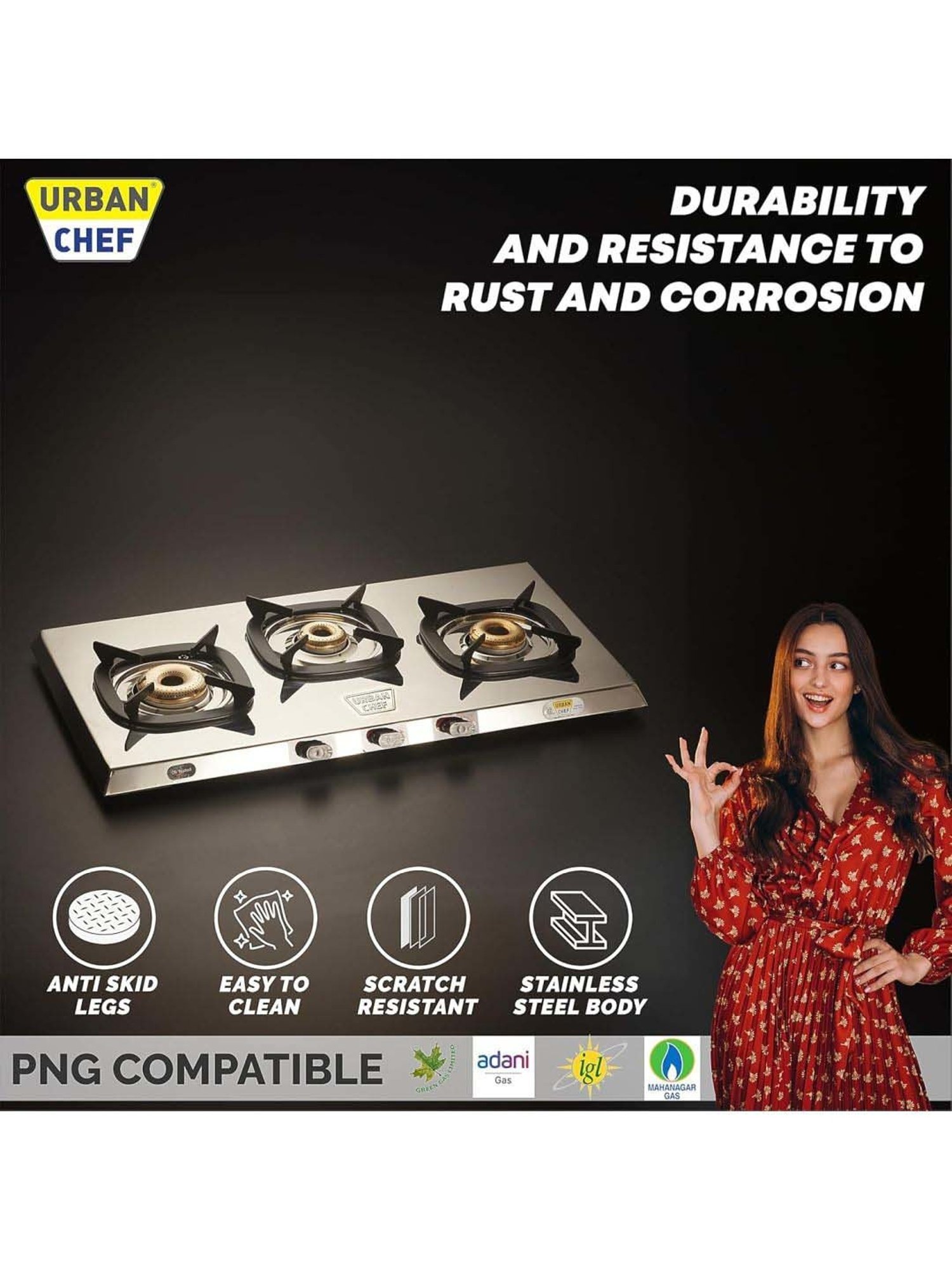 Urban Chef Gas Stove with 3 Burners ( Silver )