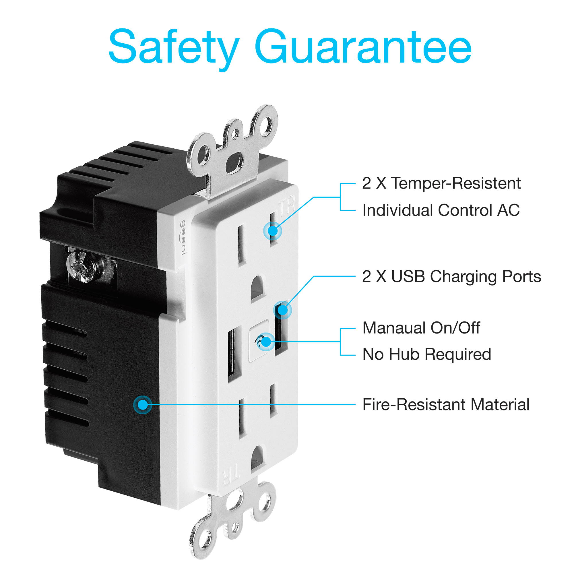 Geeni Wi-Fi Smart Wall Outlet With 2 Plugs + 2 USB Ports