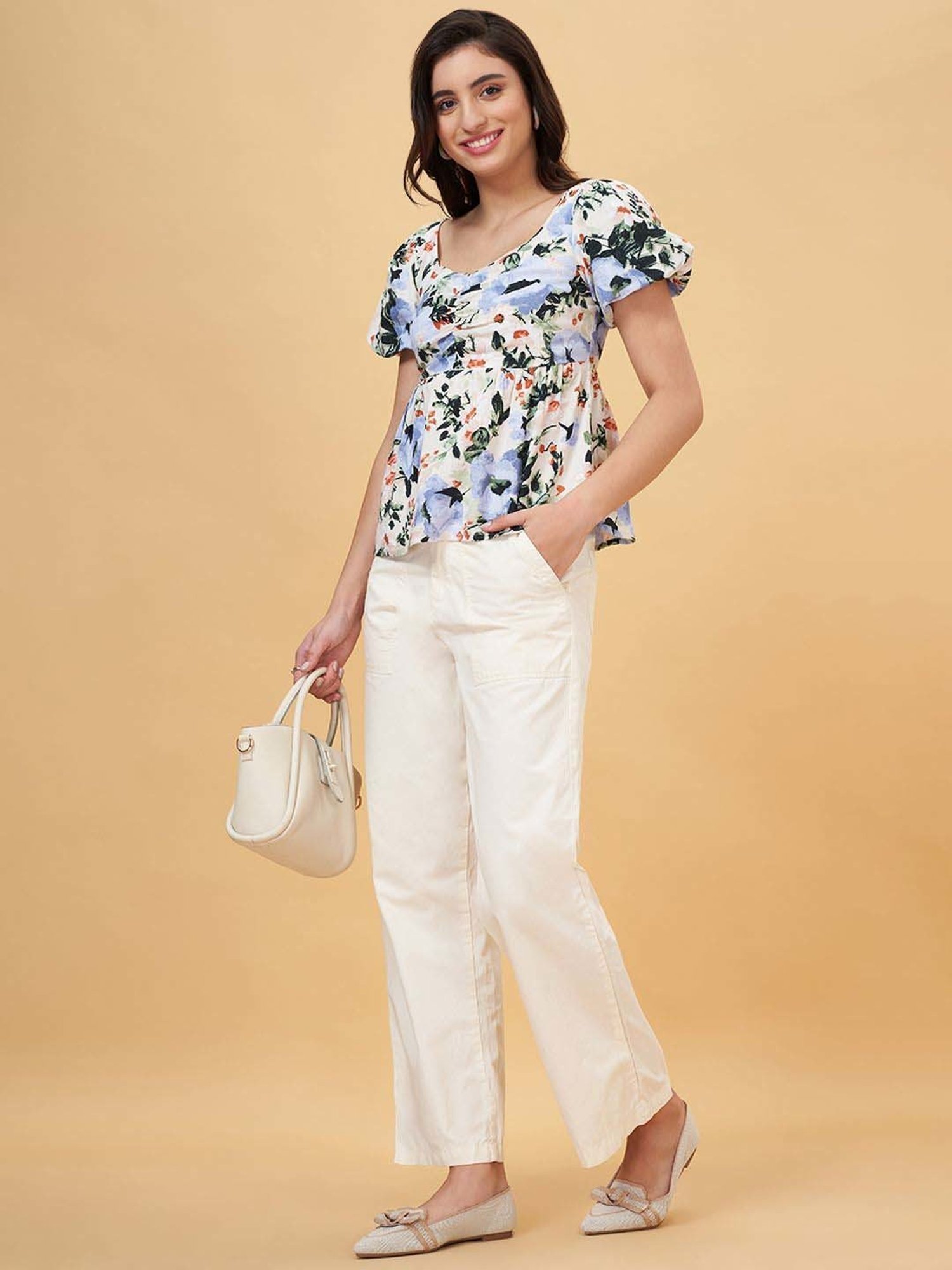 Honey by Pantaloons White & Blue Printed Top