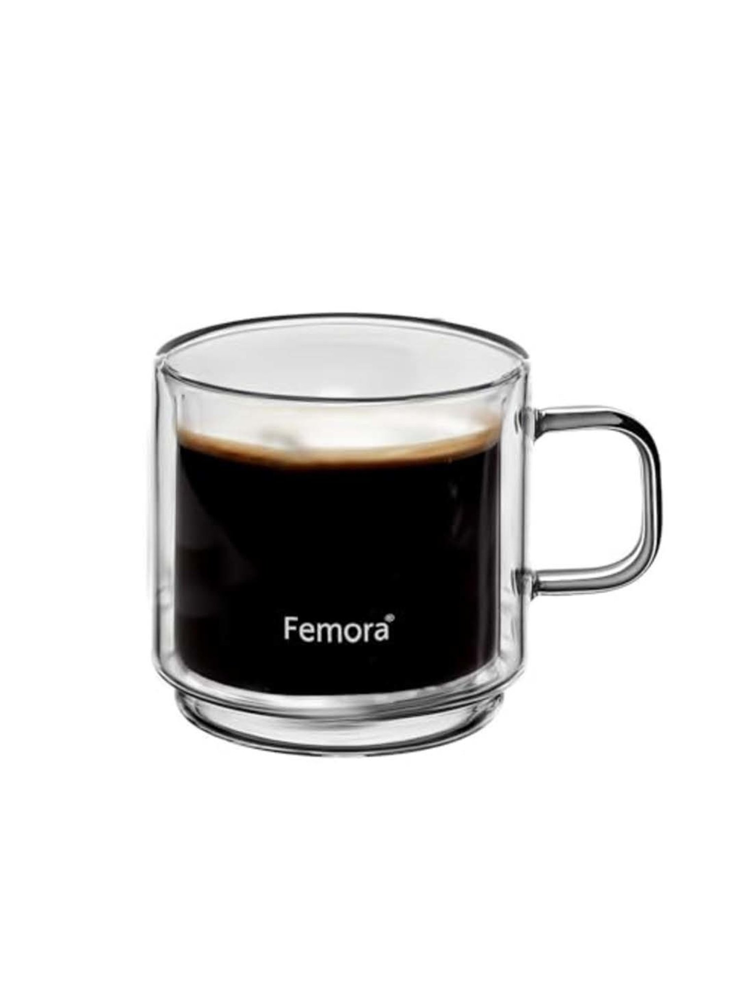 Femora Double Wall Transparent Glass Heat Resistant Coffee Mugs With Handle (0.28 L) - Set of 6