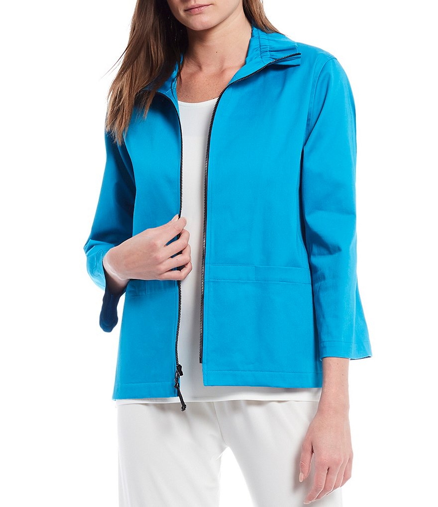 Caroline Rose Stretch Cotton Blend Ruched Collar Zip Front Jacket