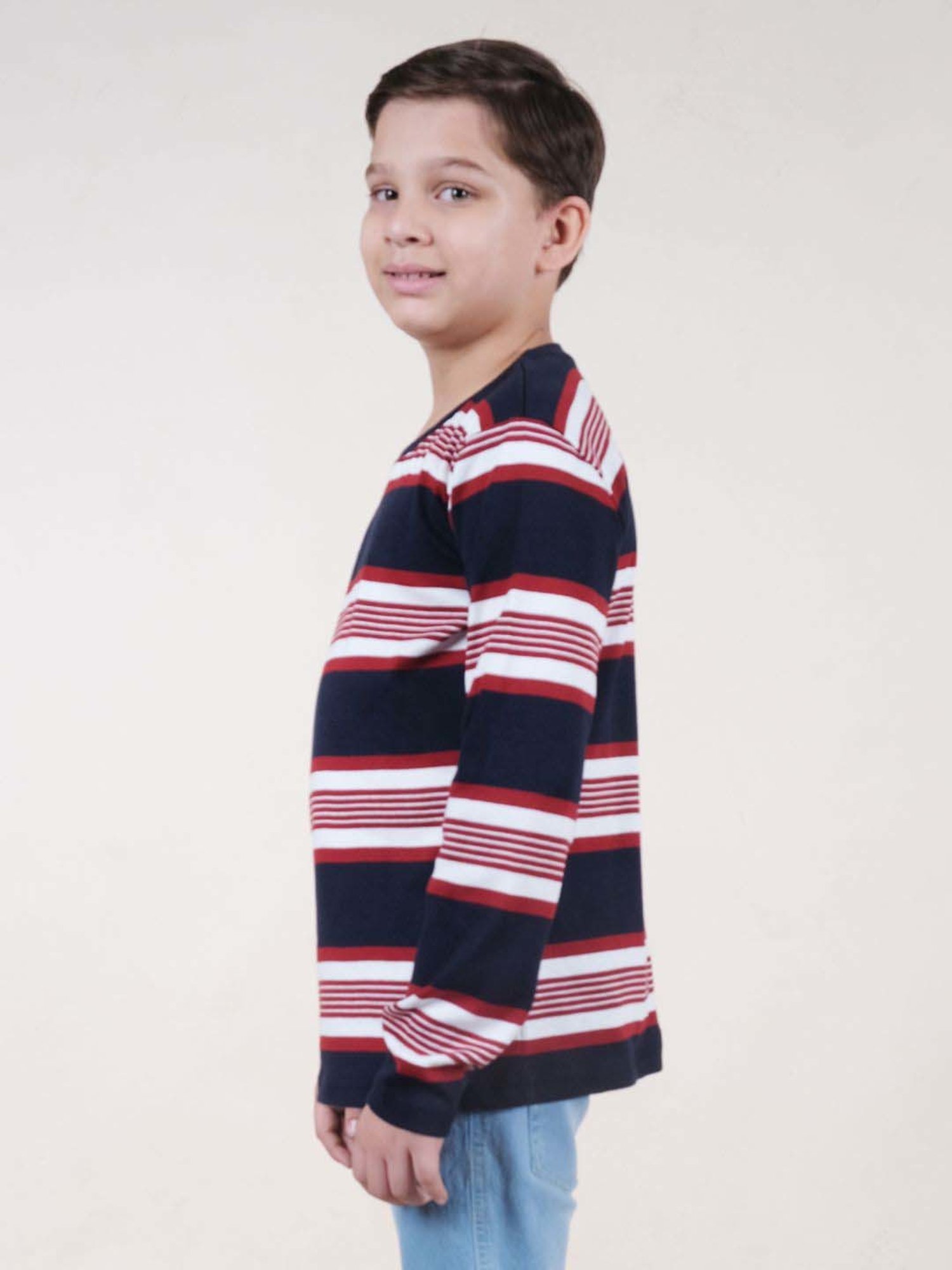 Kiddopanti Boys Navy & Red Cotton Striped Full Sleeves T-Shirts