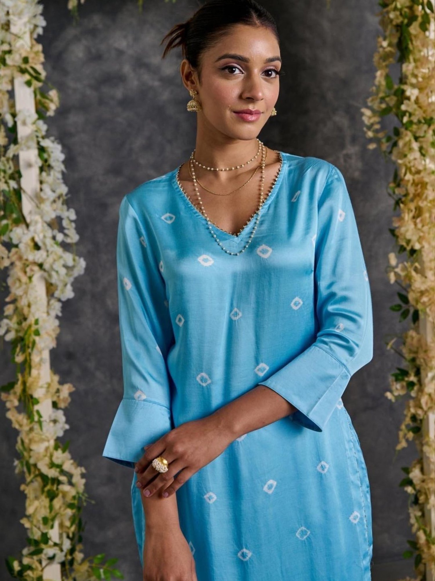 Gulaal Blue Bandhani High Slit Modal Satin Kurta and Pant with Dupatta