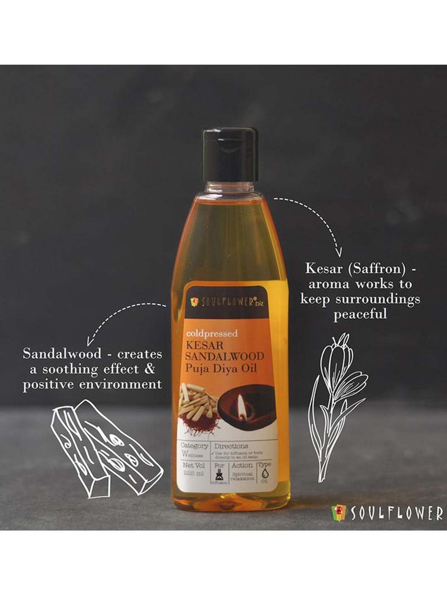 Soulflower Kesar Sandalwood Diya Oil (225 ml) - Set of 1
