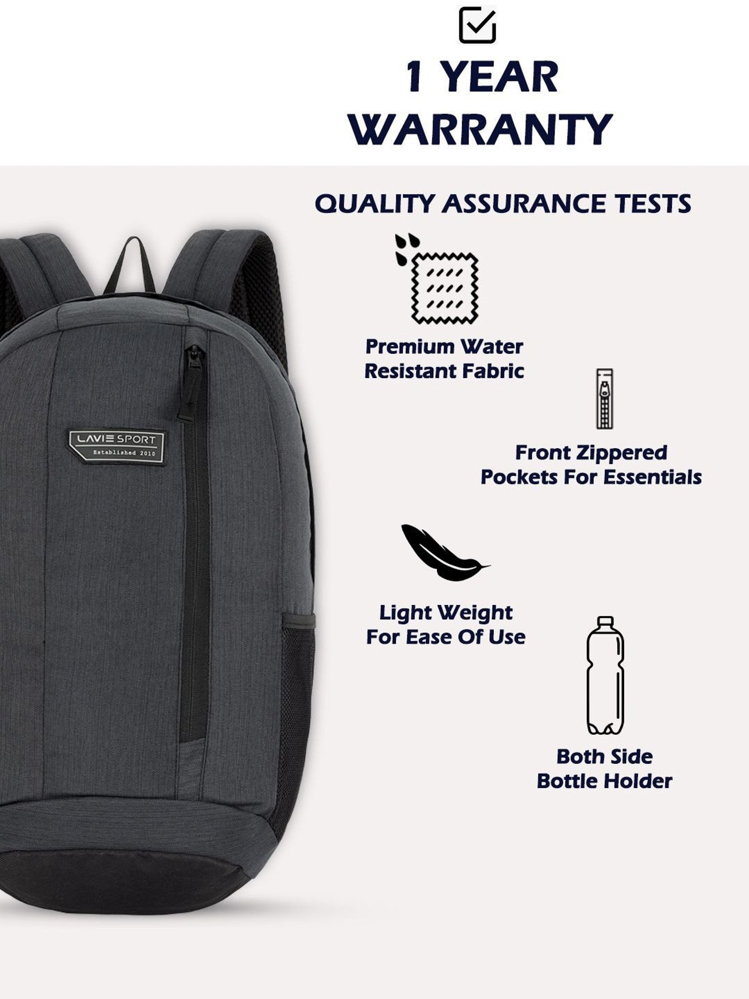 Lavie Sport Black Polyester Solid Backpack - 22 Ltrs