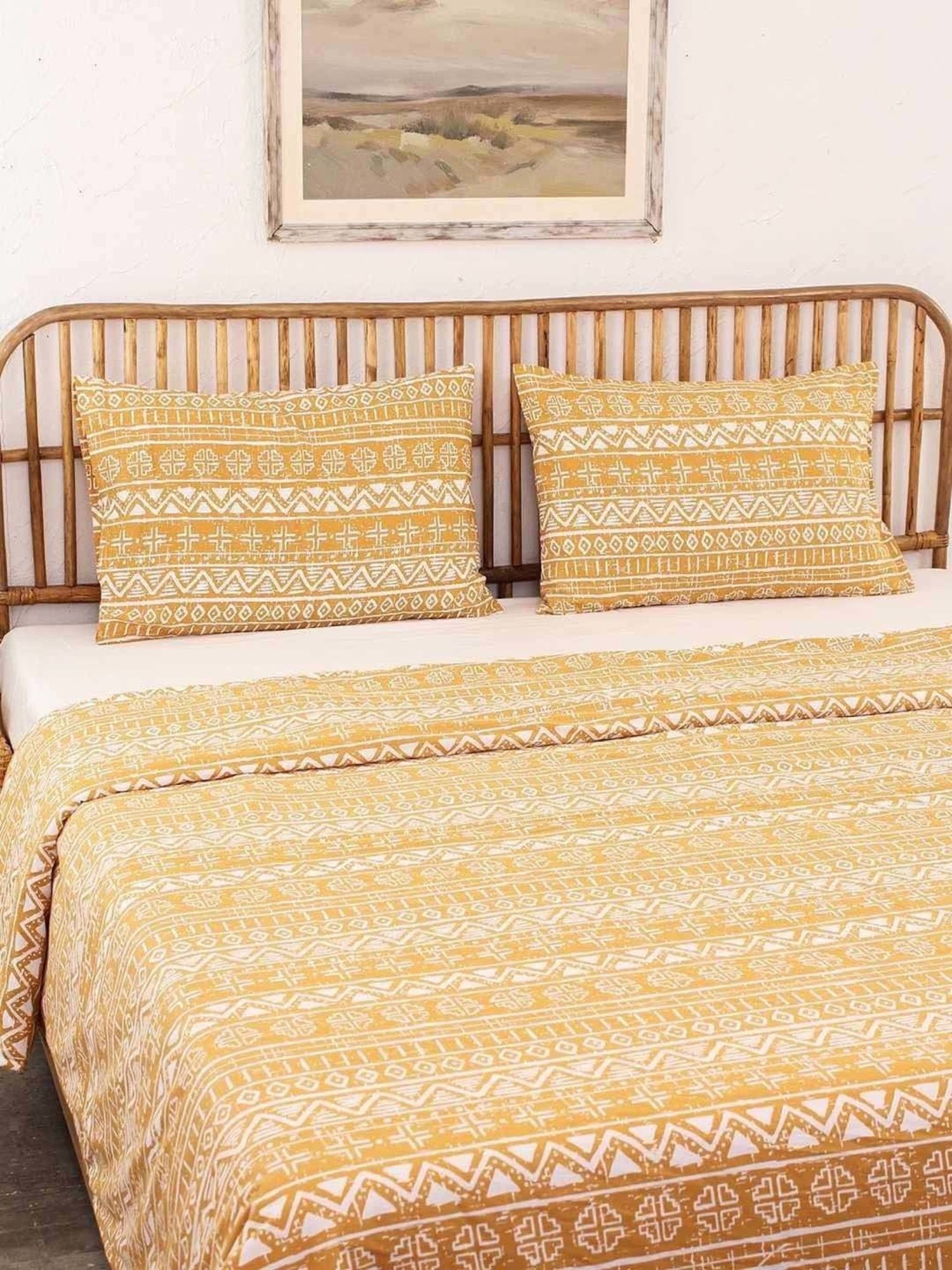 House This Kullu Patti Yellow & White Cotton 144 TC Single Duvet Cover