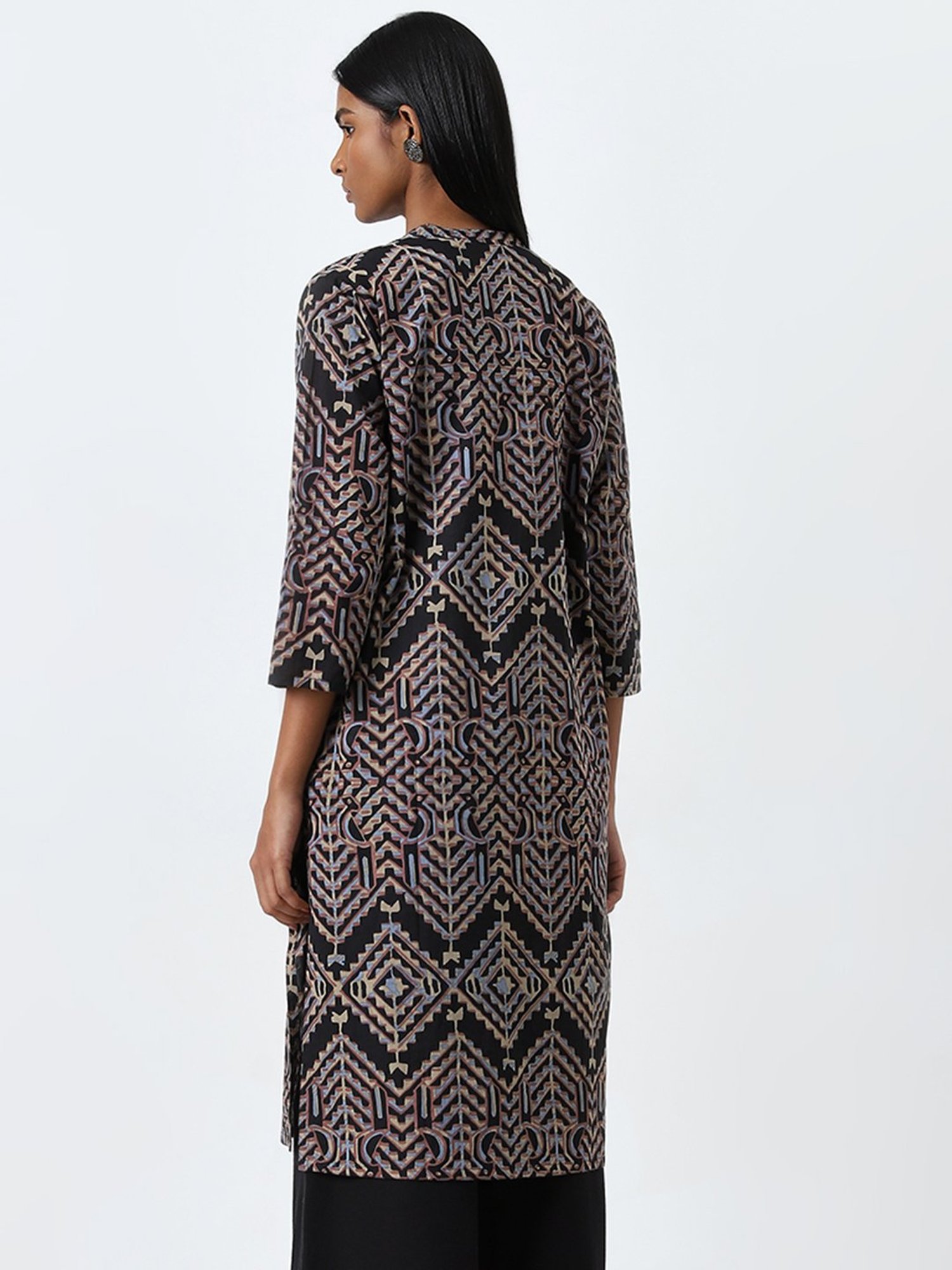 Utsa by Westside Black Geometric Design Straight Cotton Kurta