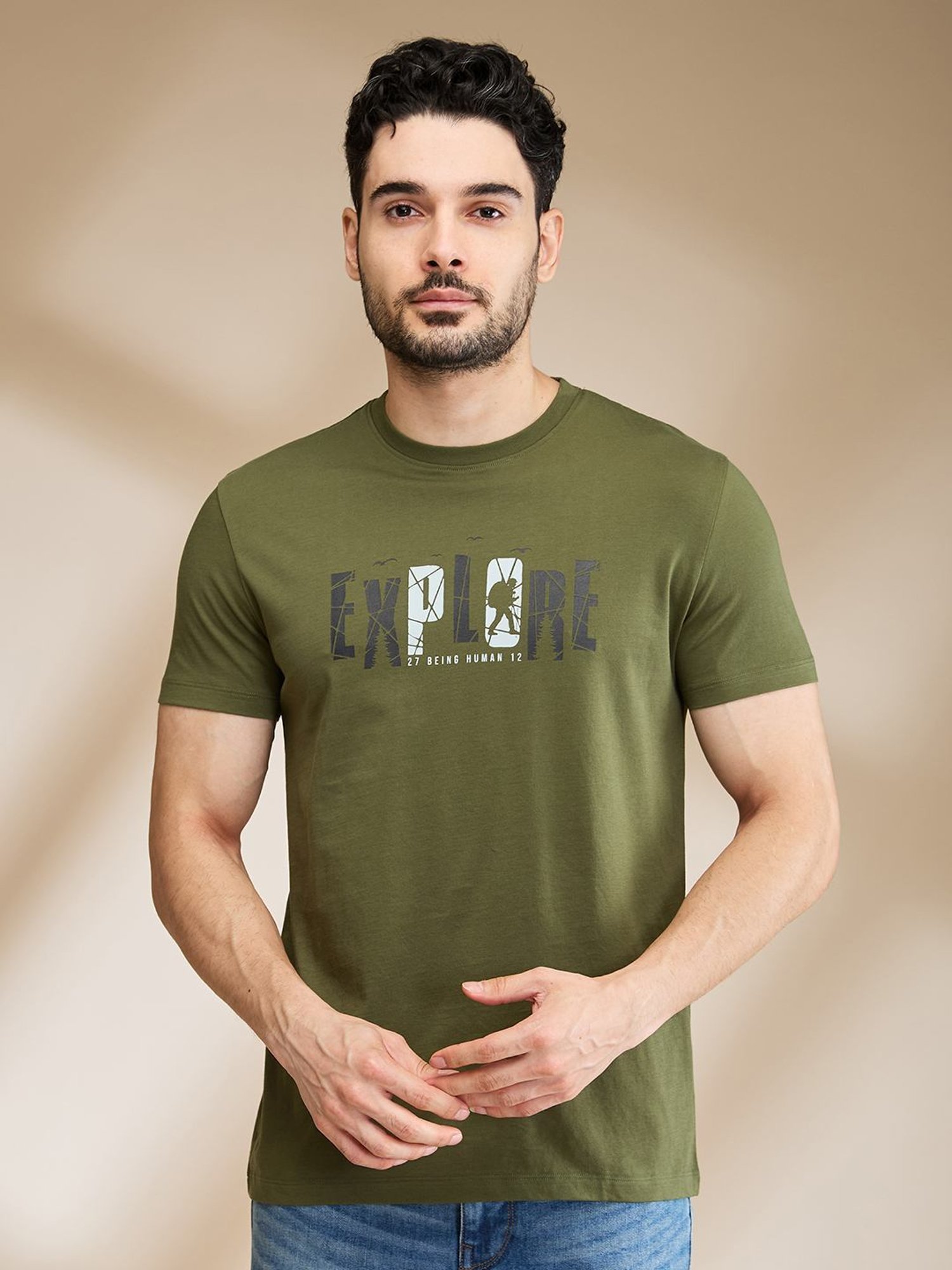 Being Human Dark Green Regular Fit Printed T-Shirt