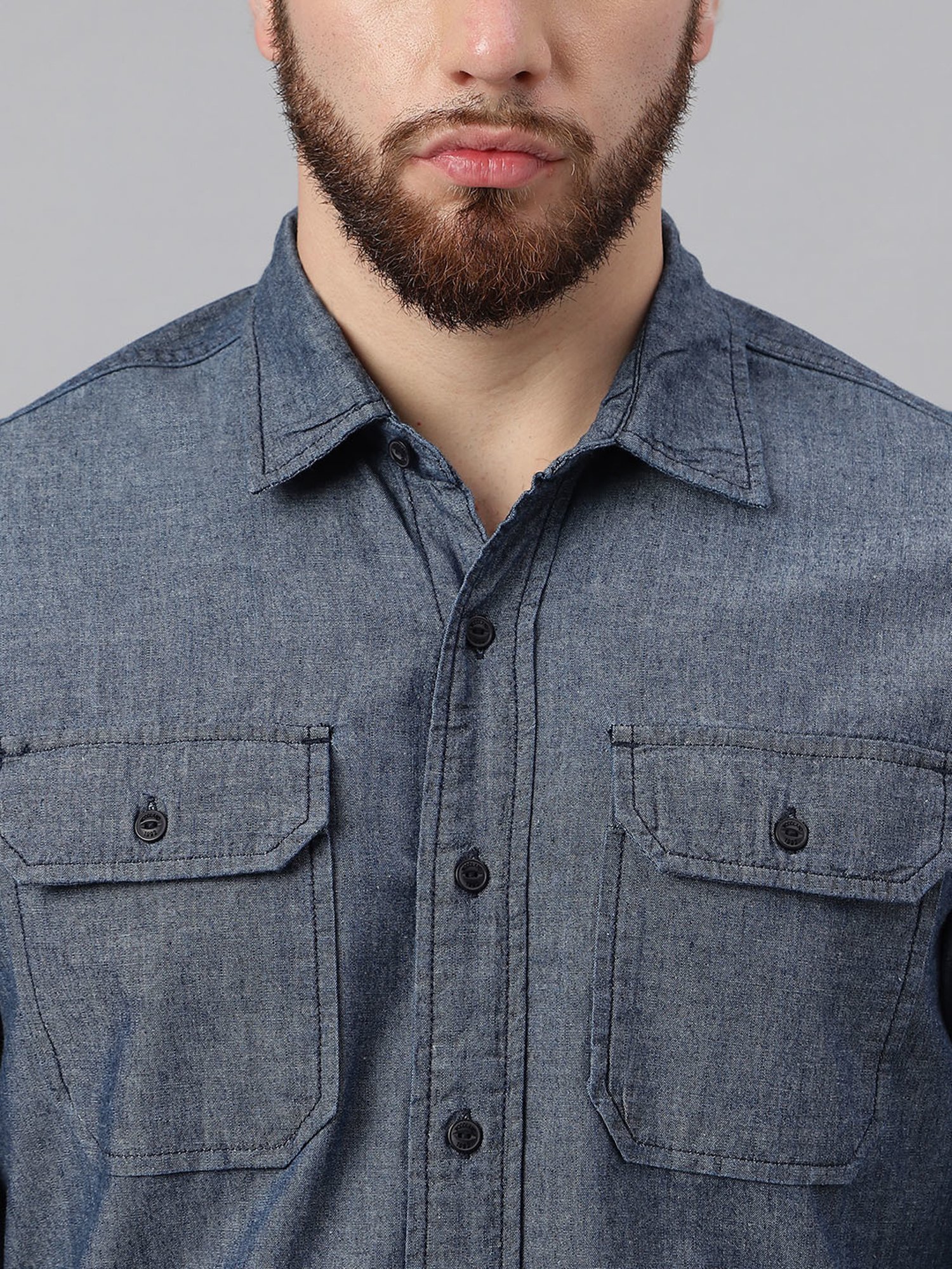 Woodland Blue Cotton Regular Fit Textured Shirt