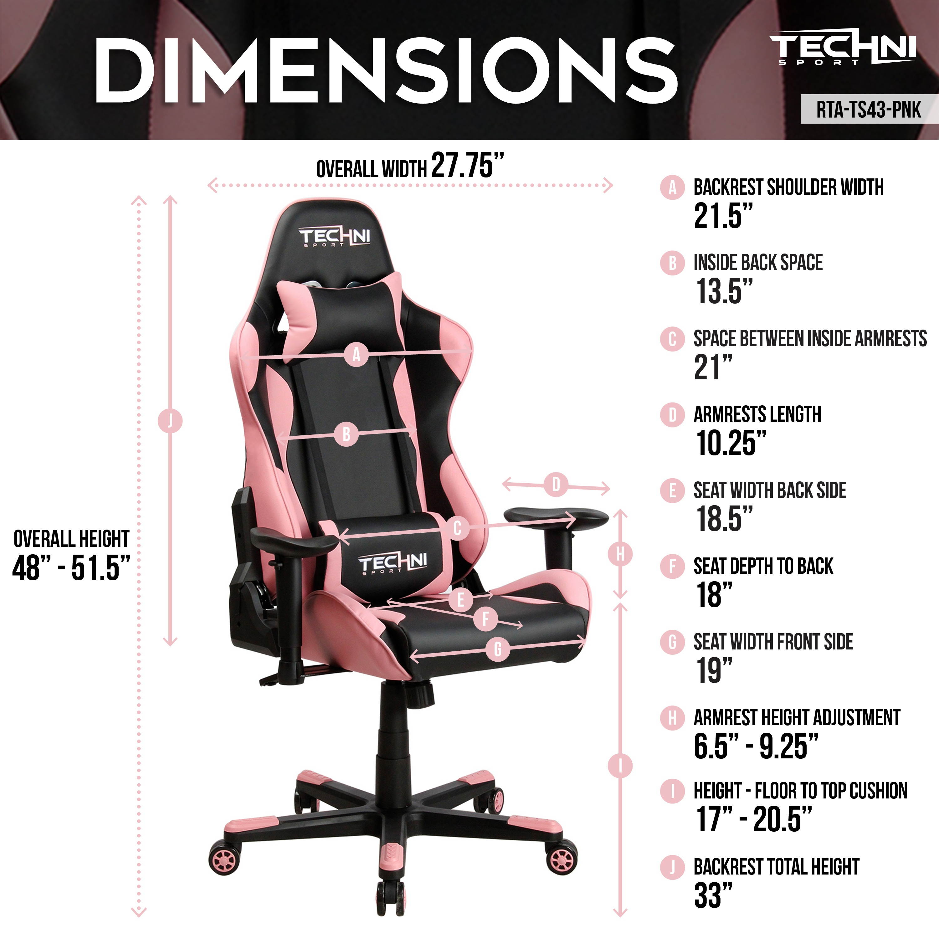Techni Sport TS43 High Back Racing Chair with Padded Arms, PC Gaming Chair with Height and Tilt Adjustment, Pink