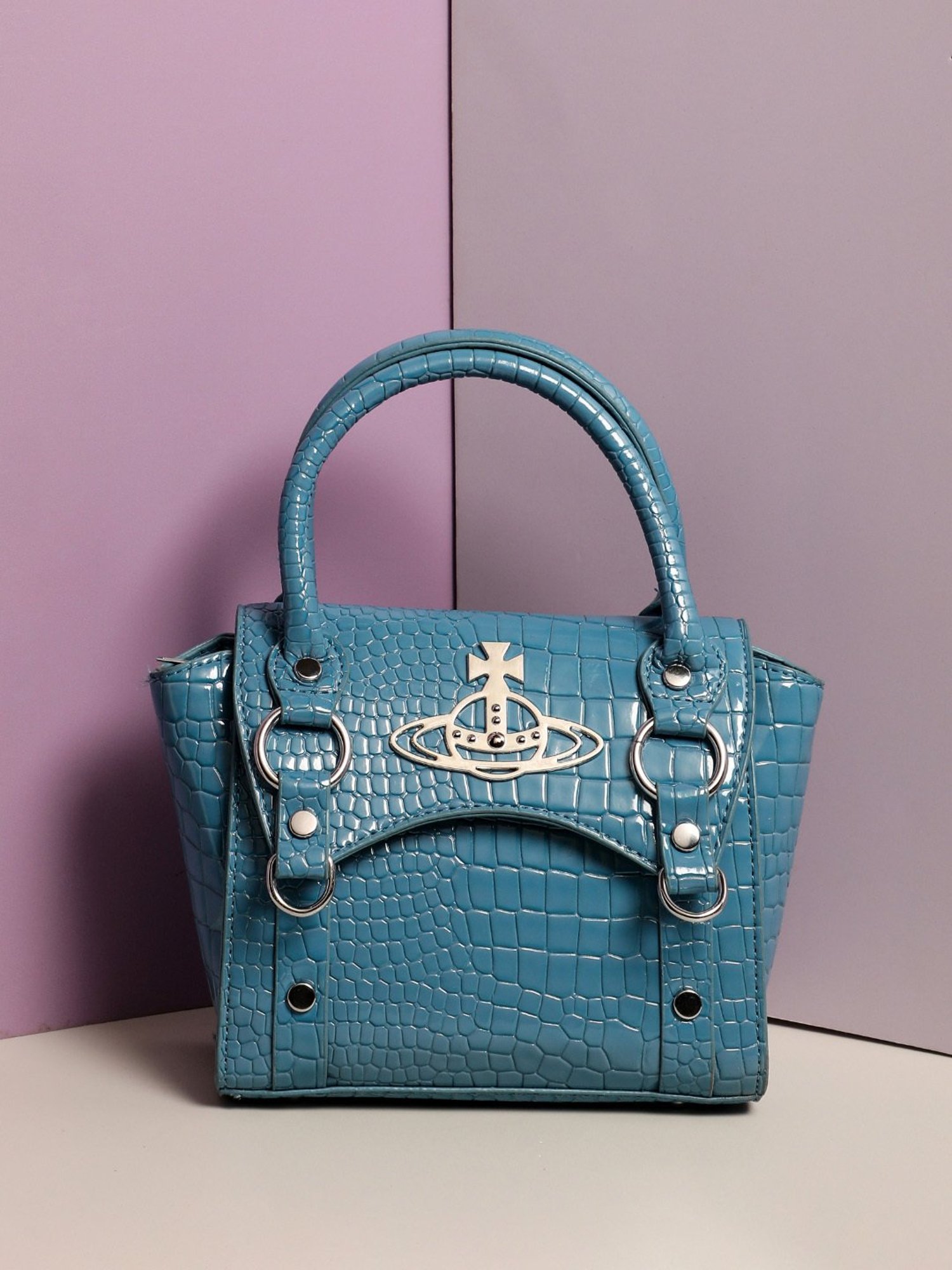 HauteSauce Blue Croc Textured Medium Leather Mini Handbag