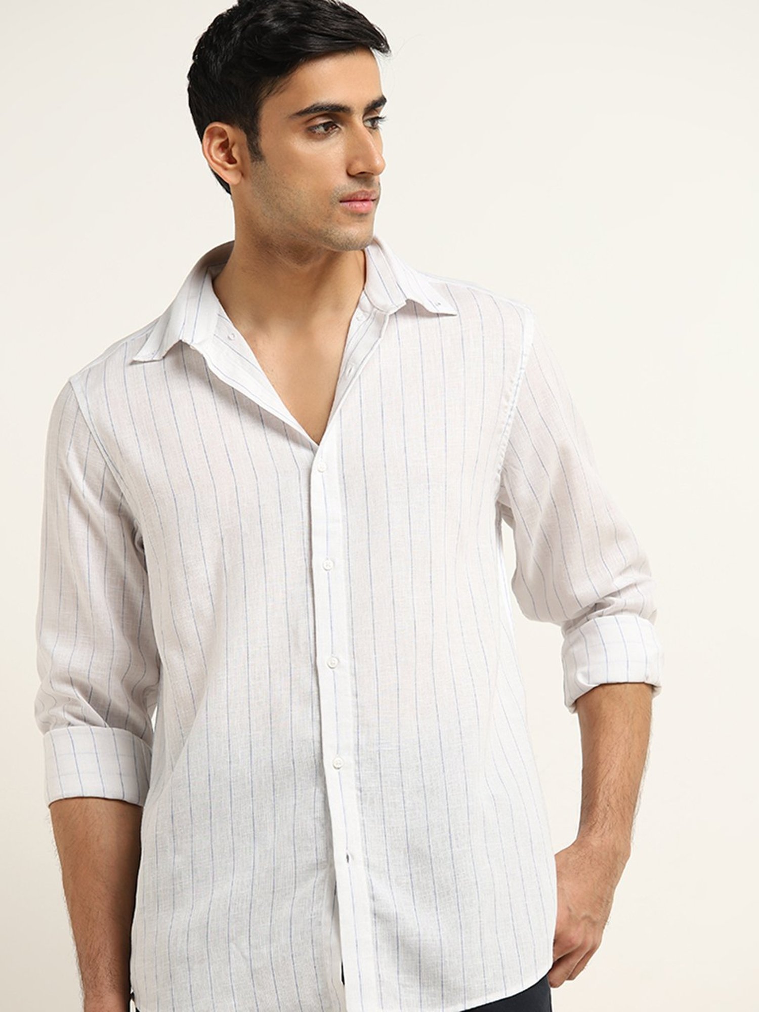 Ascot by Westside Blue Striped Relaxed-Fit Cotton Shirt