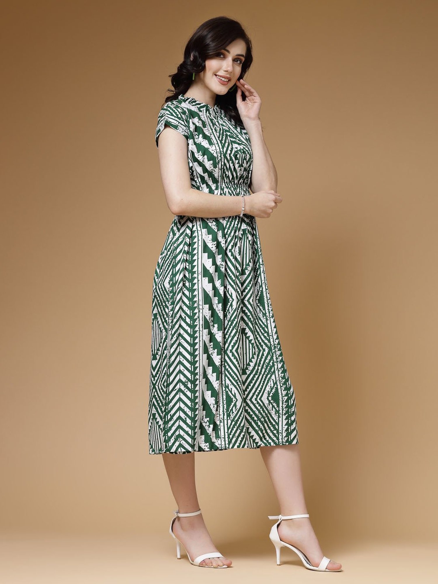 Indibelle Green Geometric Print Ethnic Dress