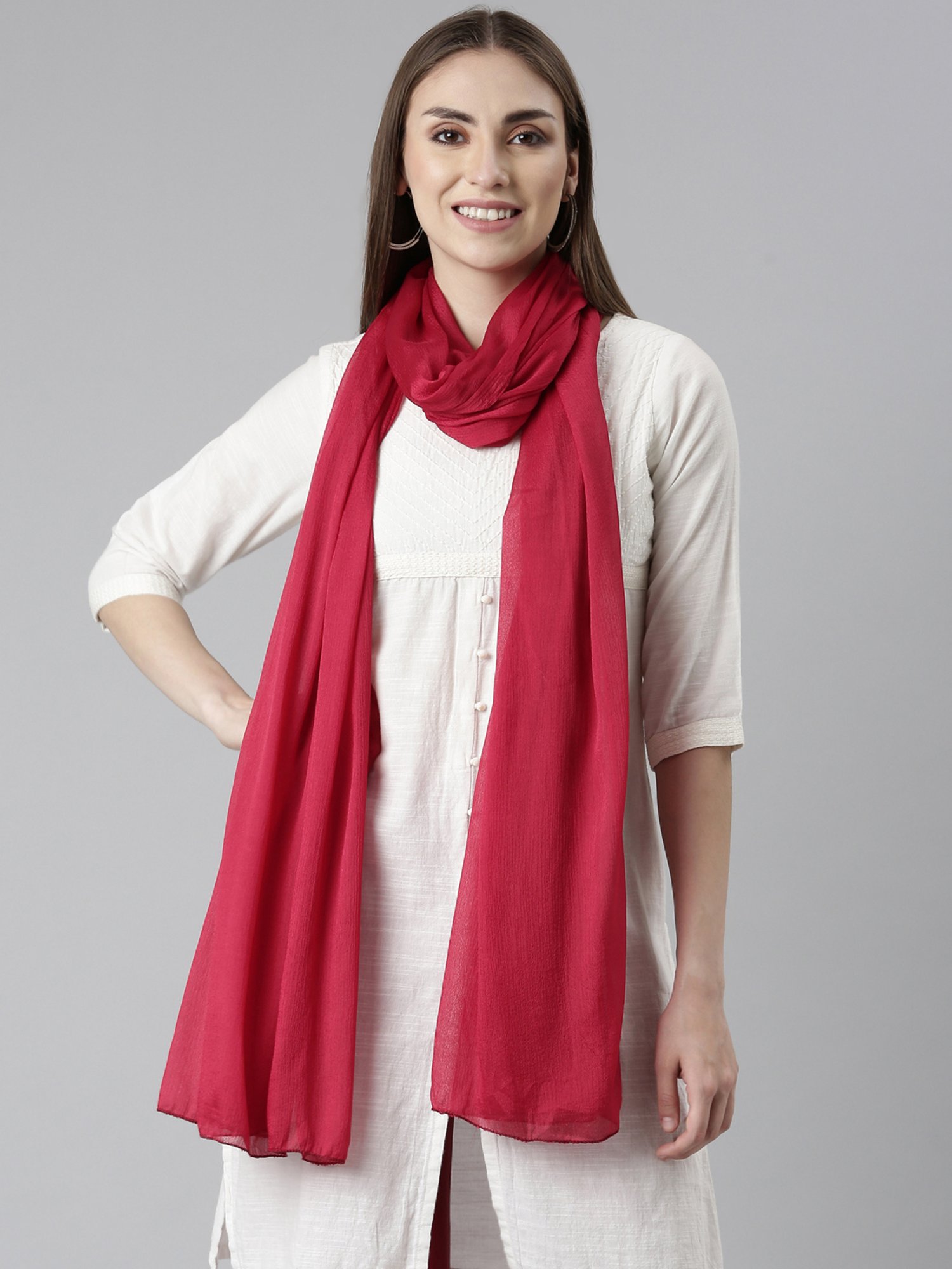 TWIN BIRDS Pink & Red Plain Dupatta - Pack Of 2