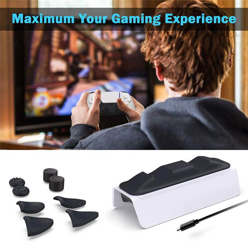 PS5 Controller Charger with Thumb Grip Kit, Fast Charging AC Adapter, Dualsense Charging Station Dock for Dual Playstation 5 Controllers with LED Indicator, White