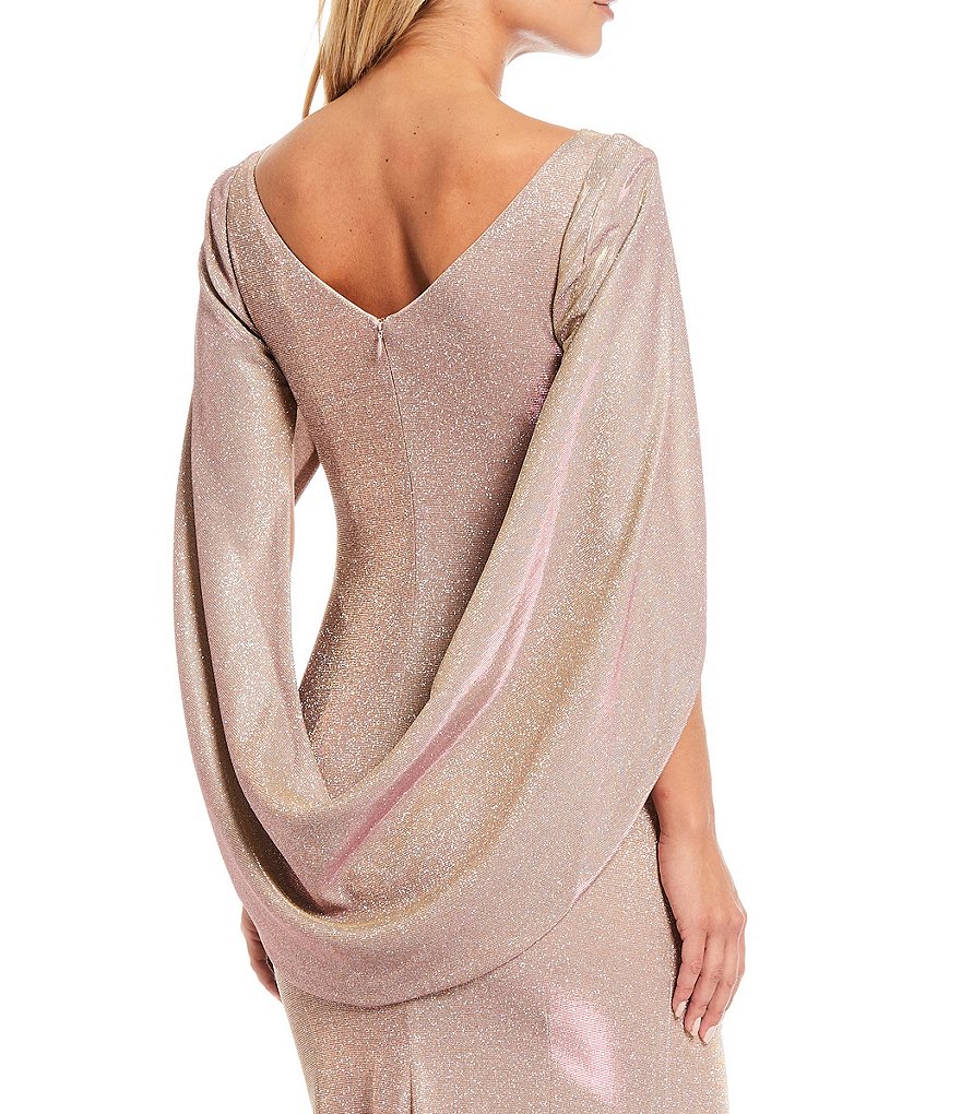 Betsy & Adam Drape Back Cowl Neck Galaxy Glitter Sheath Gown