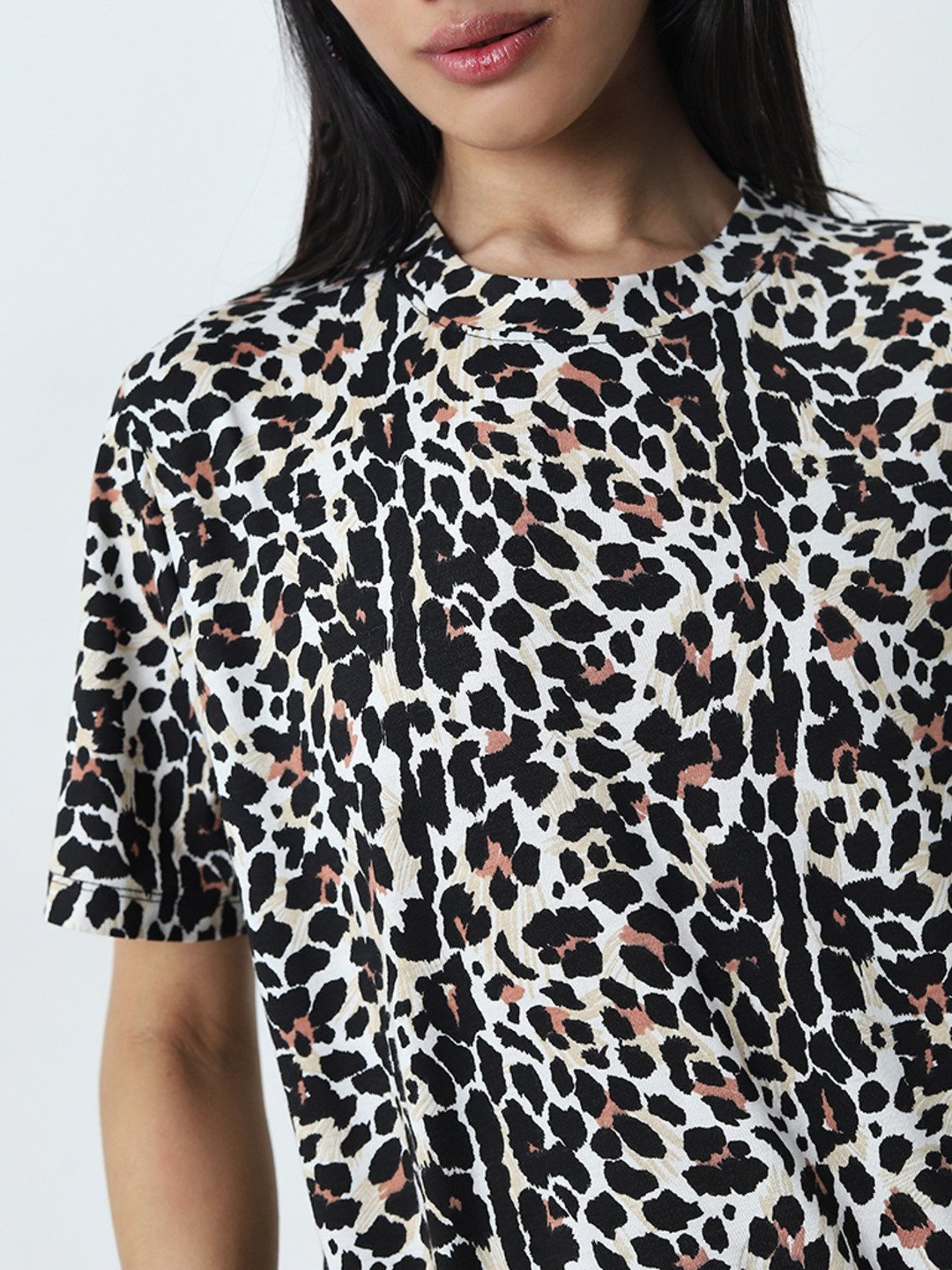 Nuon by Westside White & Black Animal Printed Cotton T-Shirt