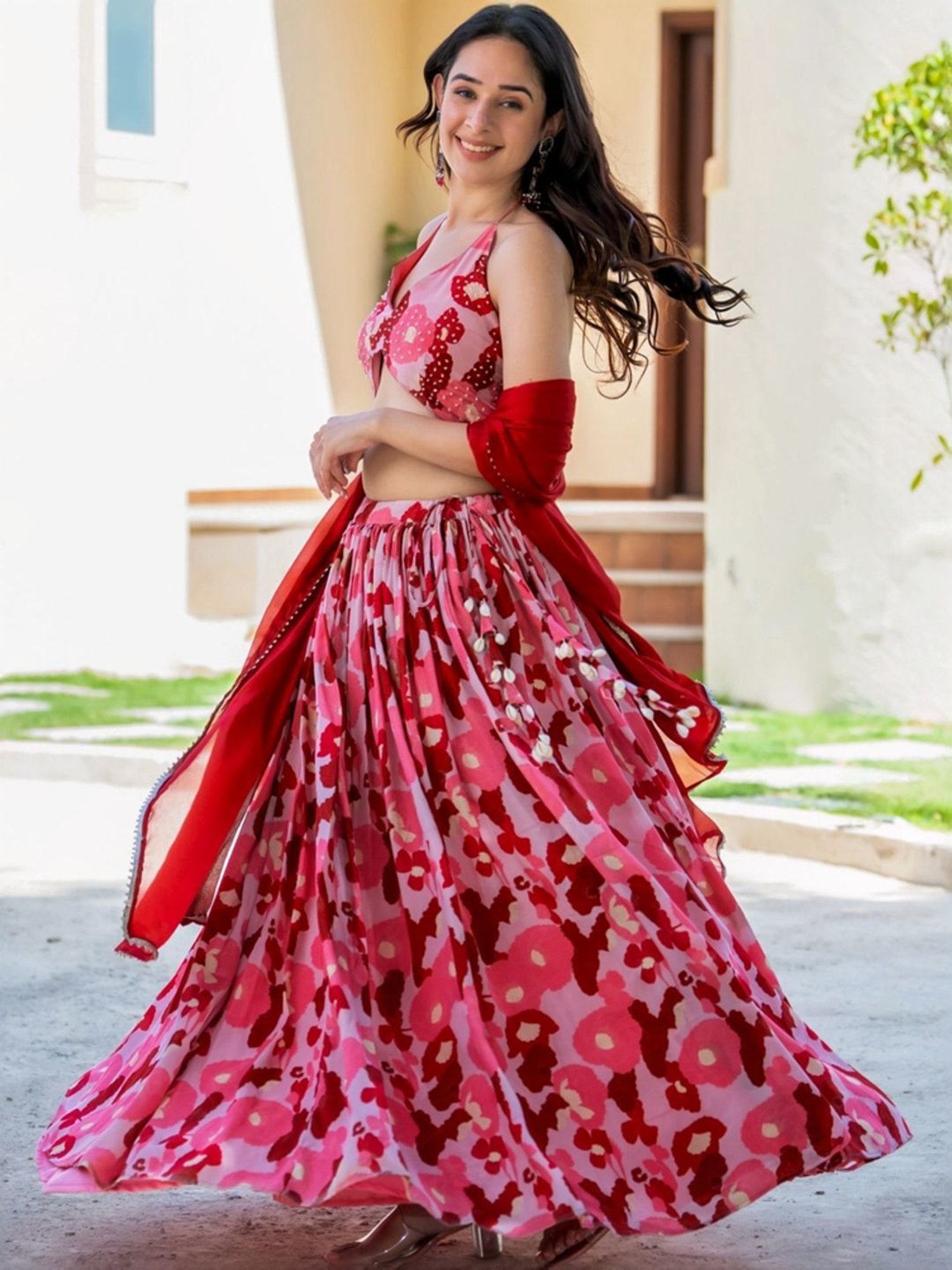 HOUSE OF JAMOTI Red Printed Lehenga Choli Set With Dupatta