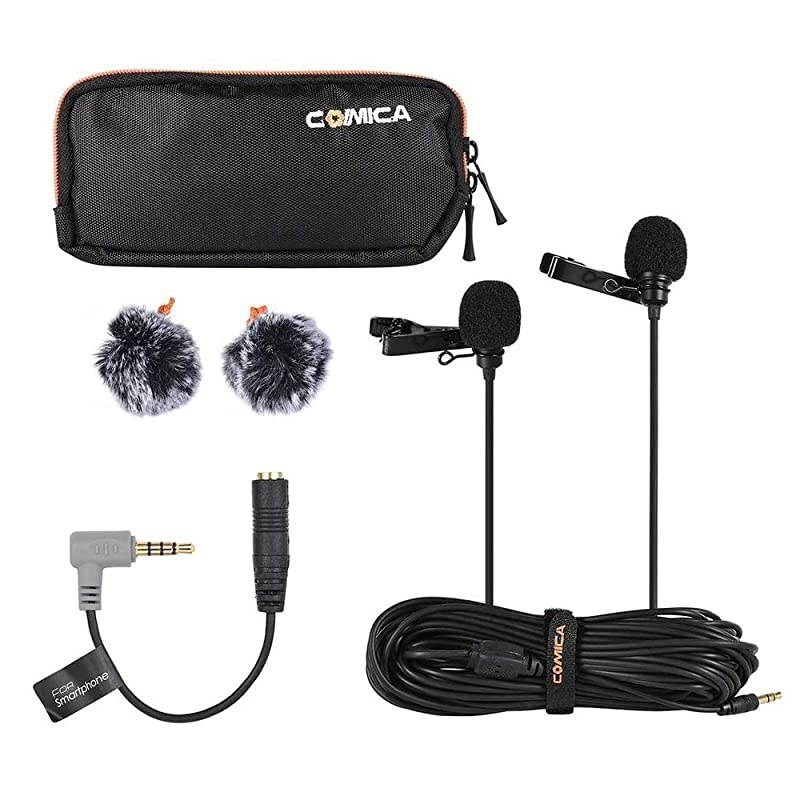 CVMD02 Dual Lavalier MicrophonesOmnidirectional Condenser Handsfree Clipon Lapel Mic with 35mm TRS ConnectorLav mic for CameraDSLRiPhoneAndroidHuaweiSonyPC LaptopBlack25meters