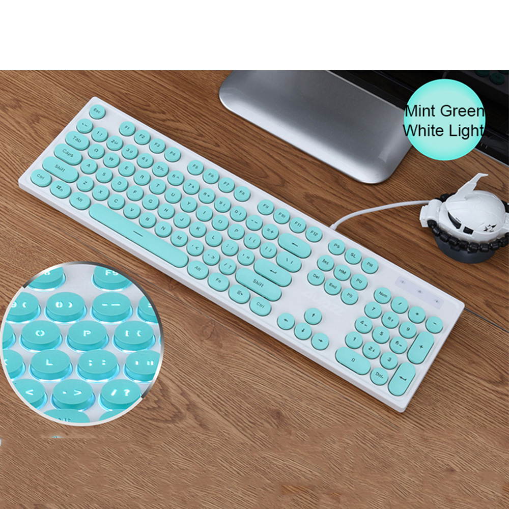 Wired Keyboard Retro Punk Round Keycap Mute White Backlit Ergonomic Slim Keyboard for Office Gamers Programmers Typists Laptop Computer