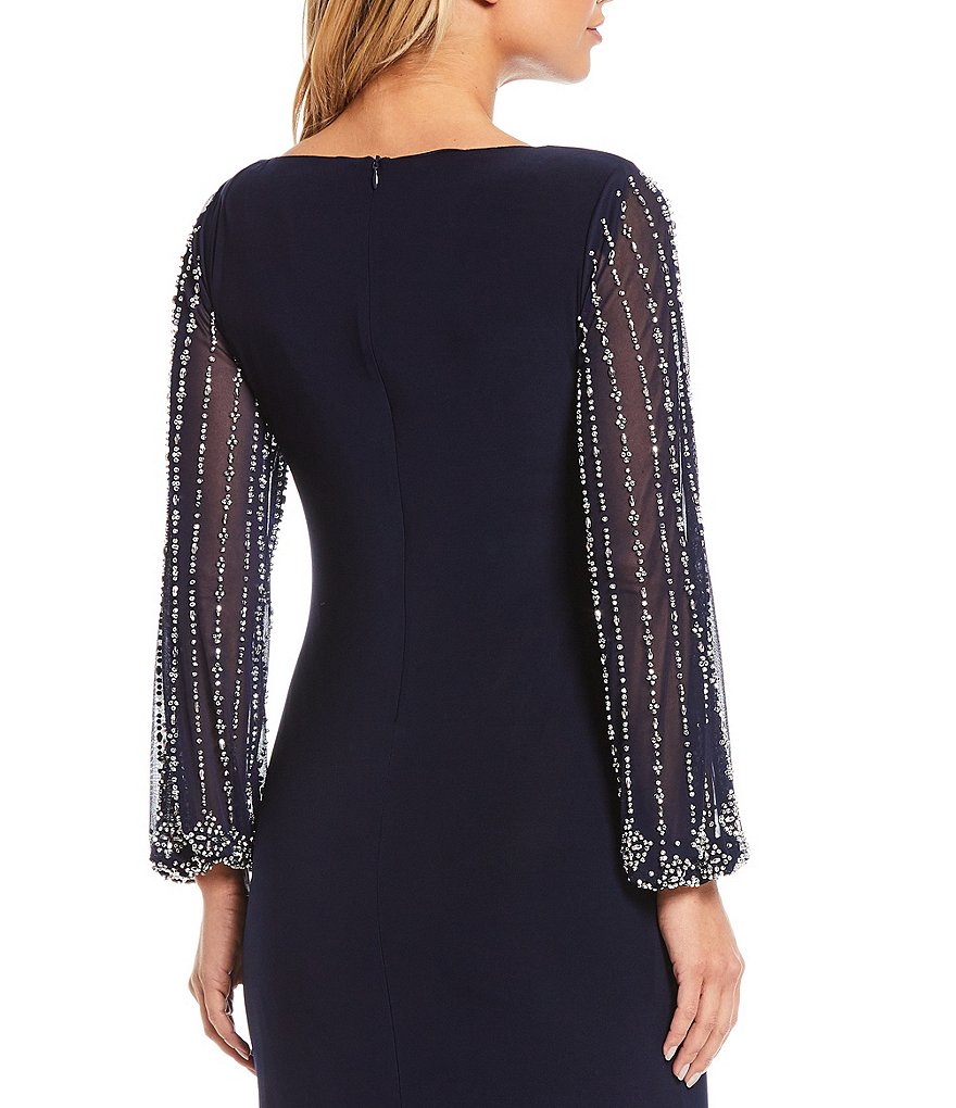 Marina Bateau Neck Long Beaded Sleeve Matte Jersey Gown