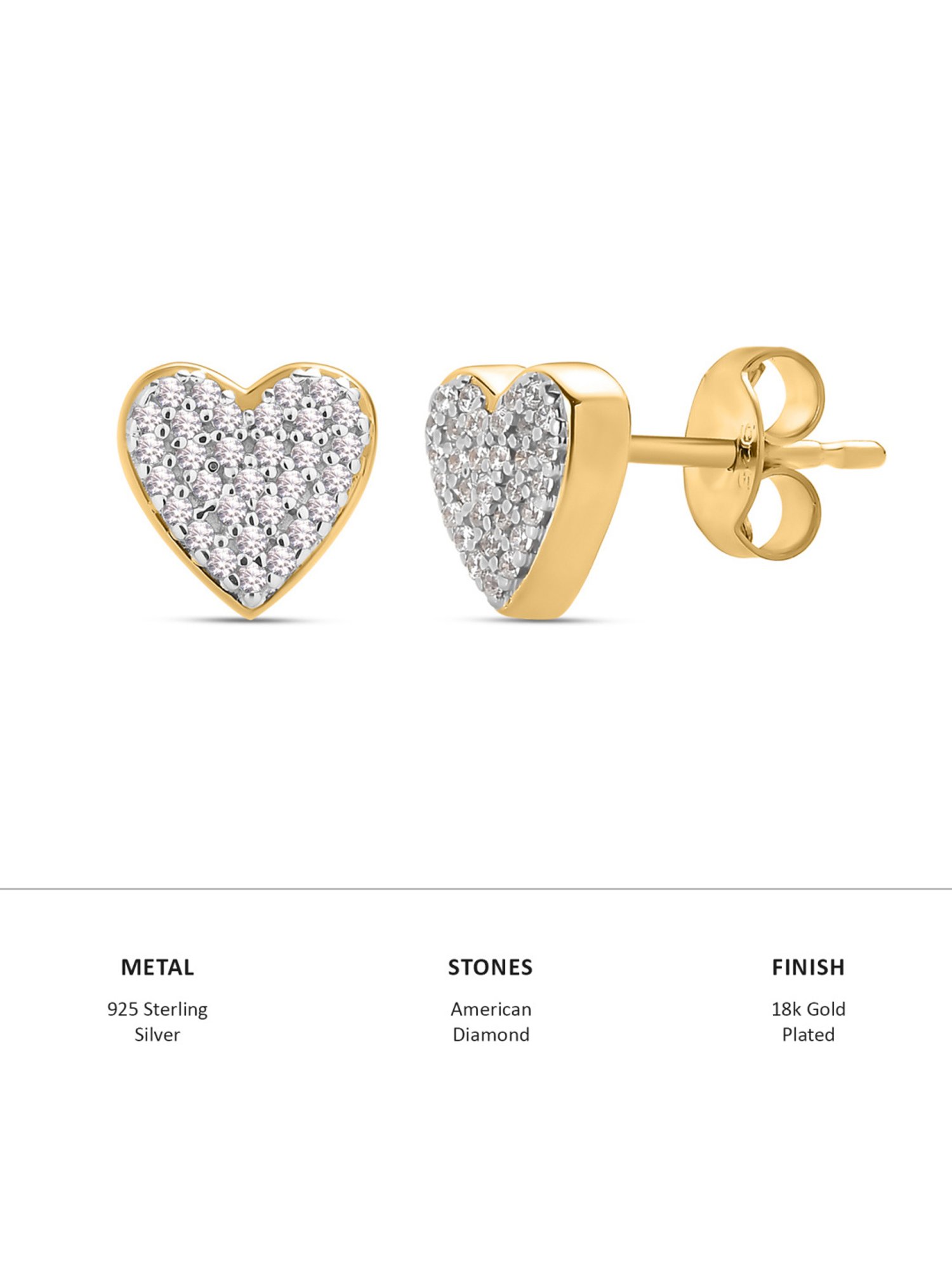 Ornate Jewels 925 Silver American Diamond Gold-Plated Sparkling Hearts Stud Earrings for Women