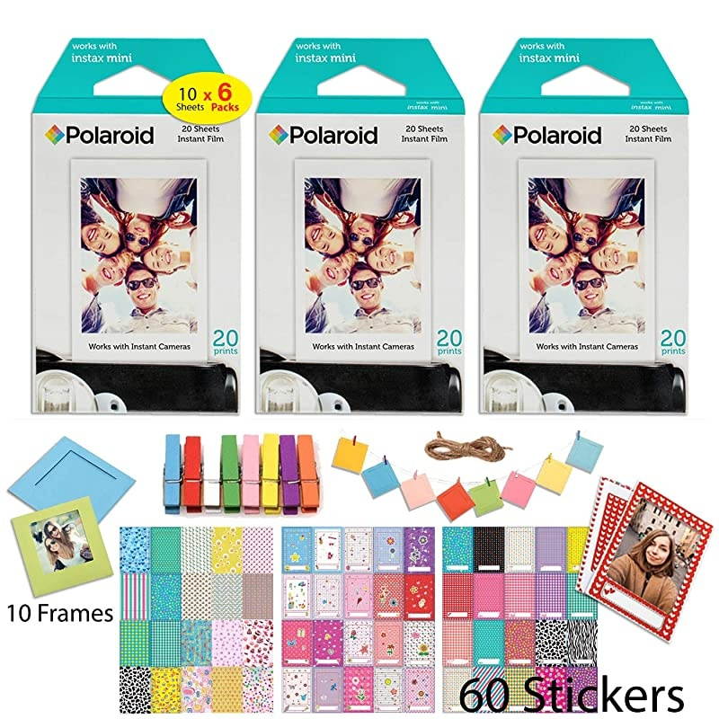 Instant Film 60 Sheets 6 x Instant Film 10 Shots per Pack + 10 Hanging Picture Frames + 60 Sticker Frames Accessory Bundle Designed for use with Fuji Instax Mini amp PIC 300 Cameras PIF300