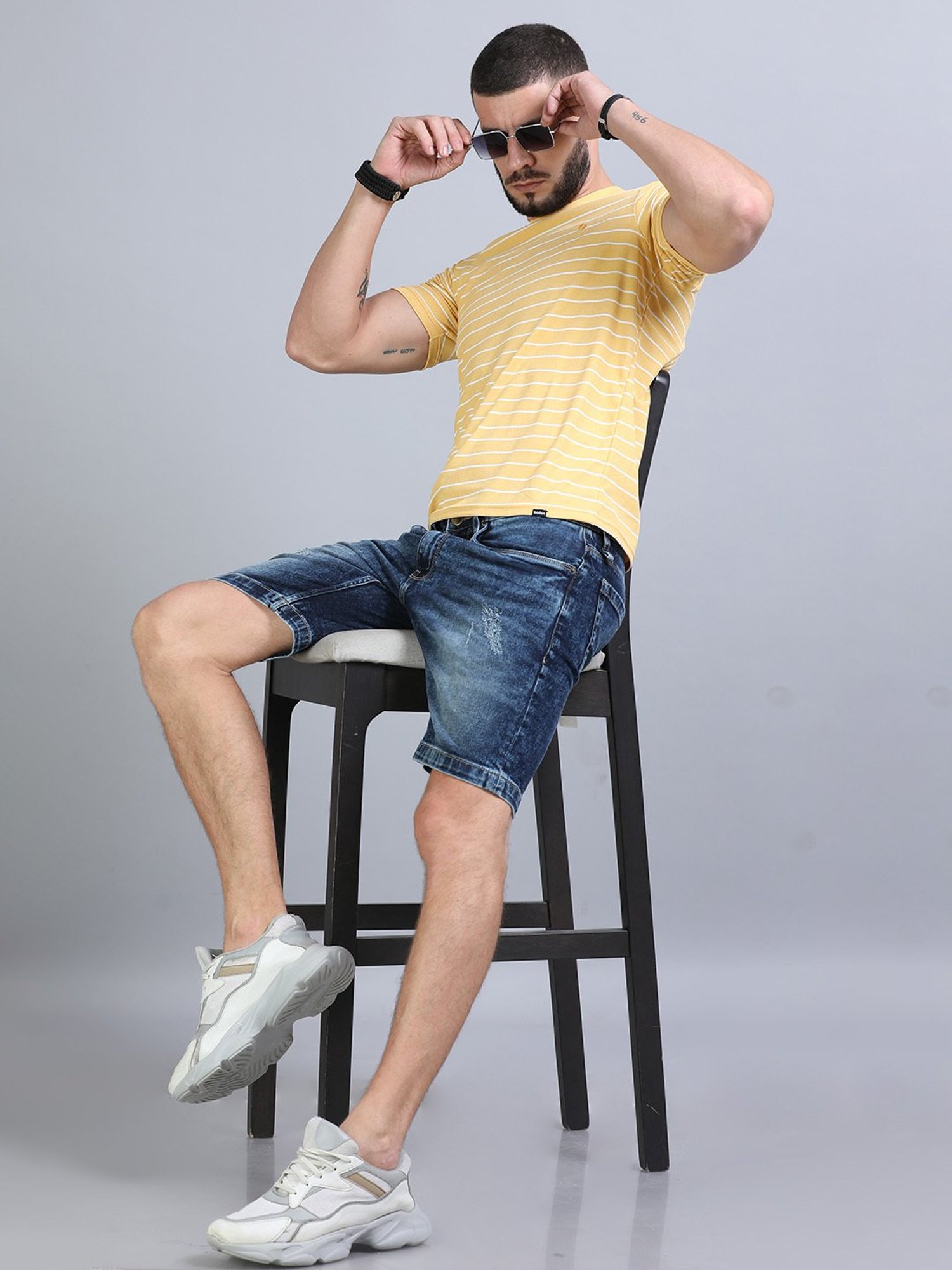 Bushirt Yellow Regular Fit Striped Crew T-Shirt