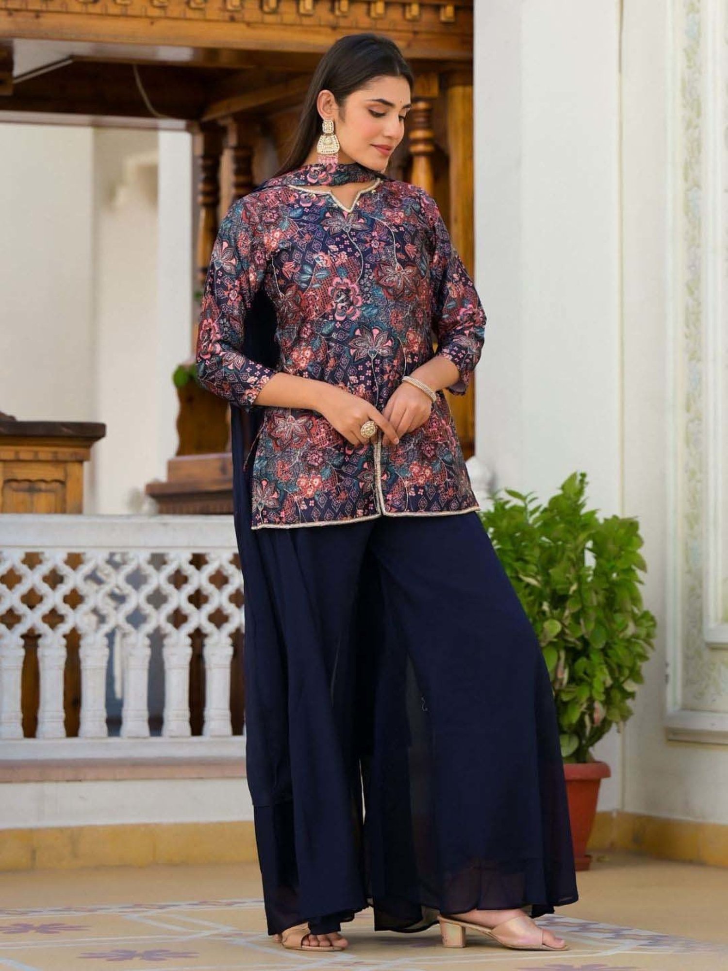 Odette Blue Printed Kurti & Palazzo Set With Dupatta