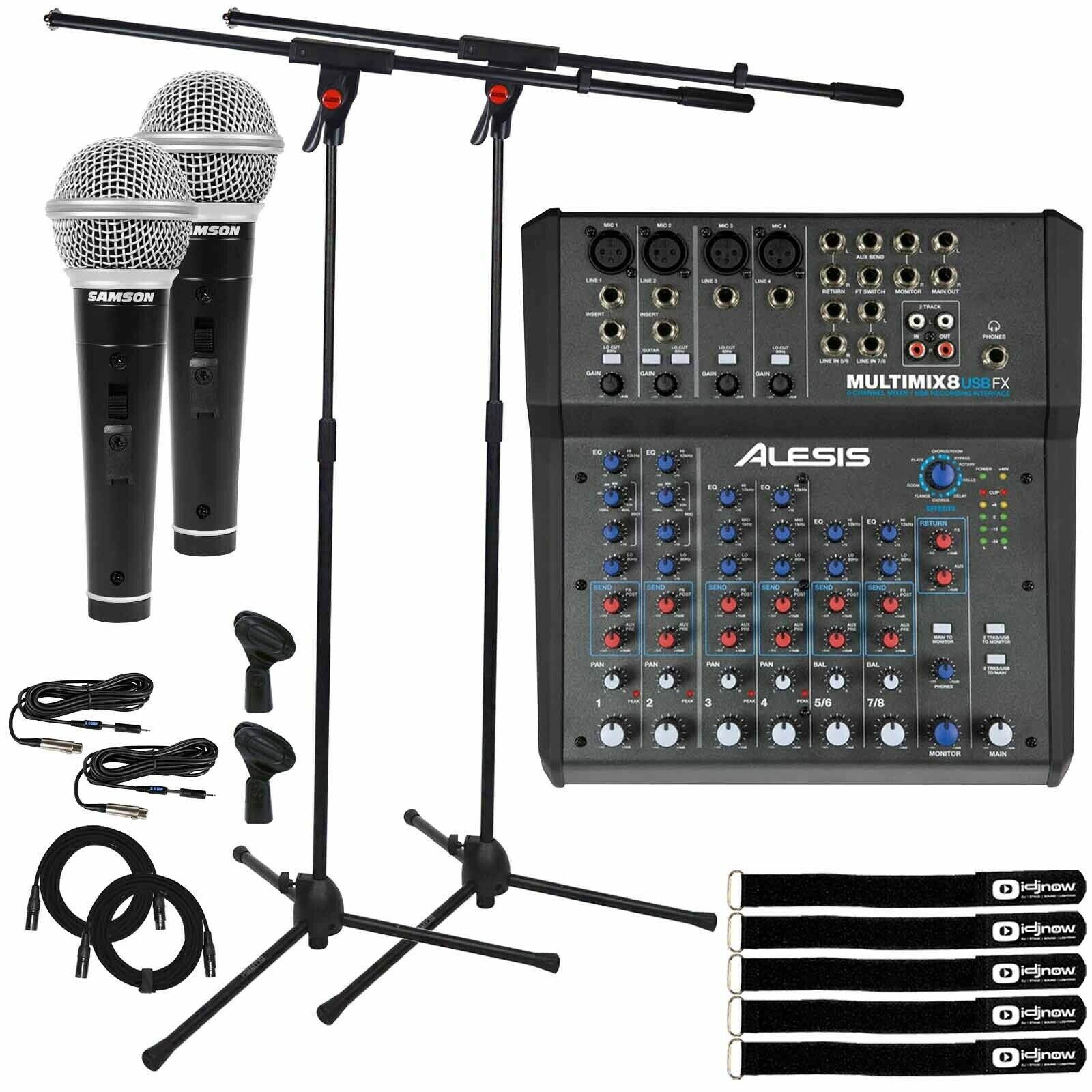 Alesis MultiMix 8 USB FX 8-Channel Desktop PA Mixer w Vocal Mics & Stands