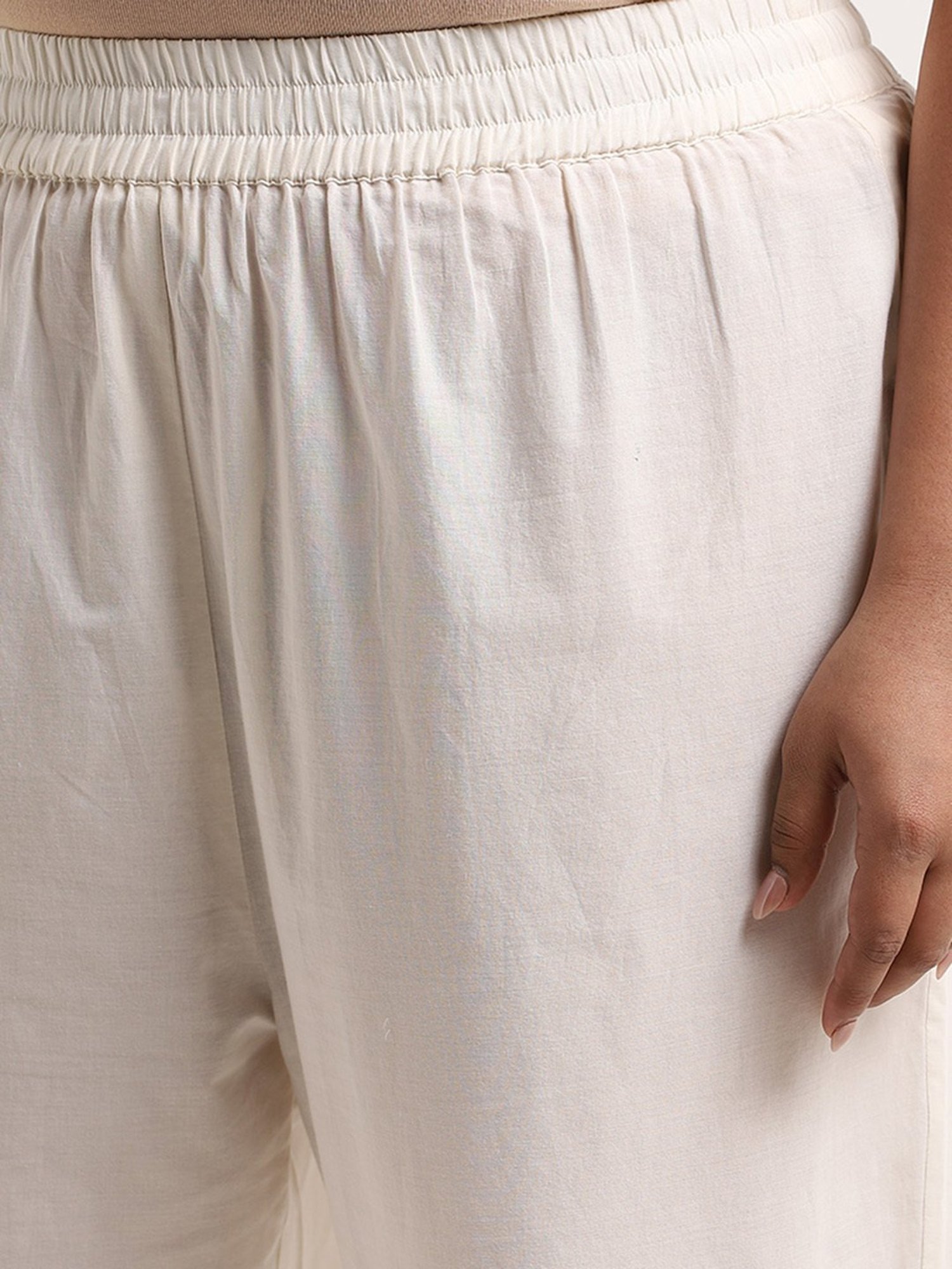 Diza by Westside Off-White Schiffli Detailed Straight Cotton Palazzos