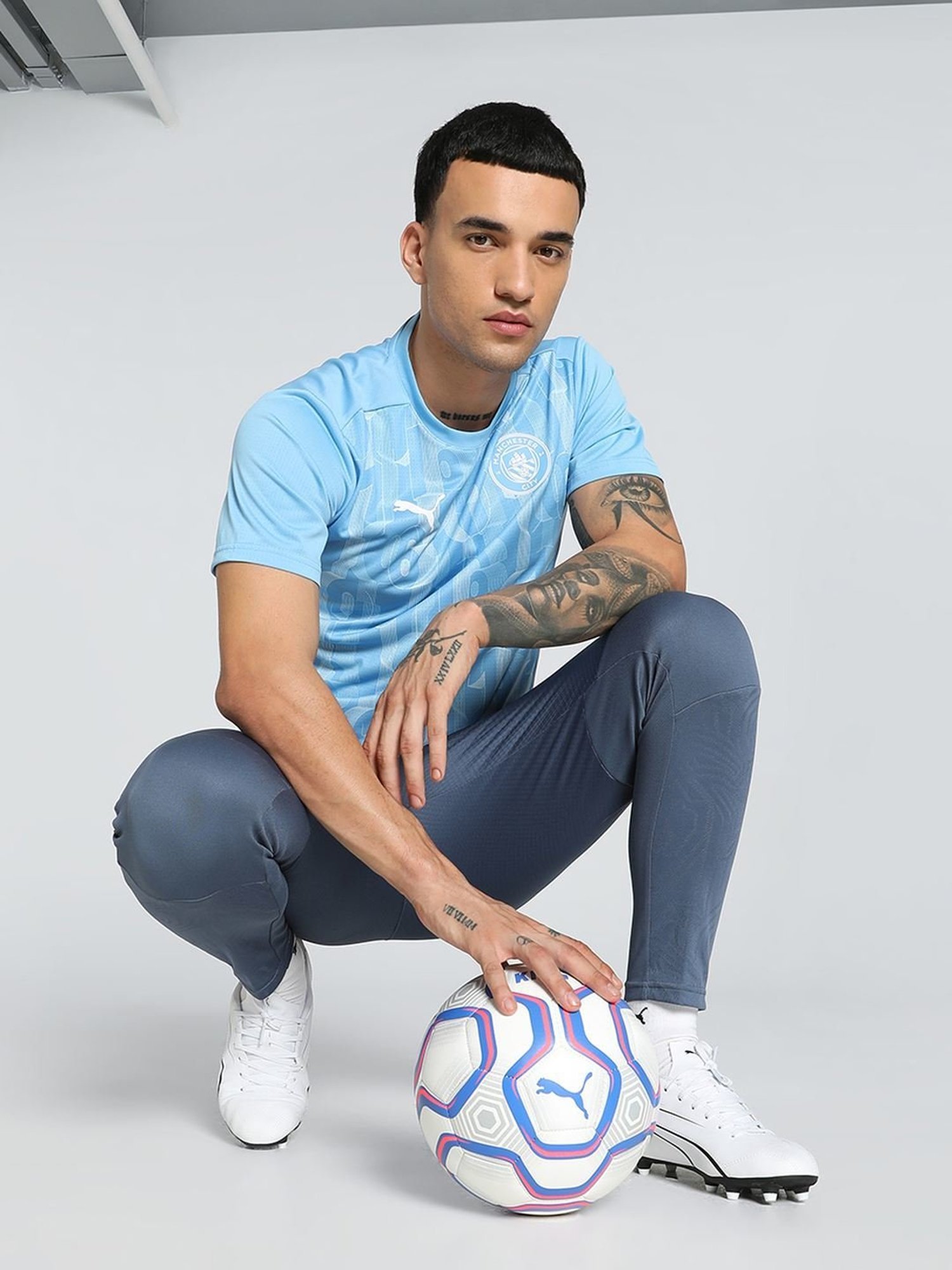 Puma Manchester City FC Blue Slim Fit Printed Sports T-Shirt