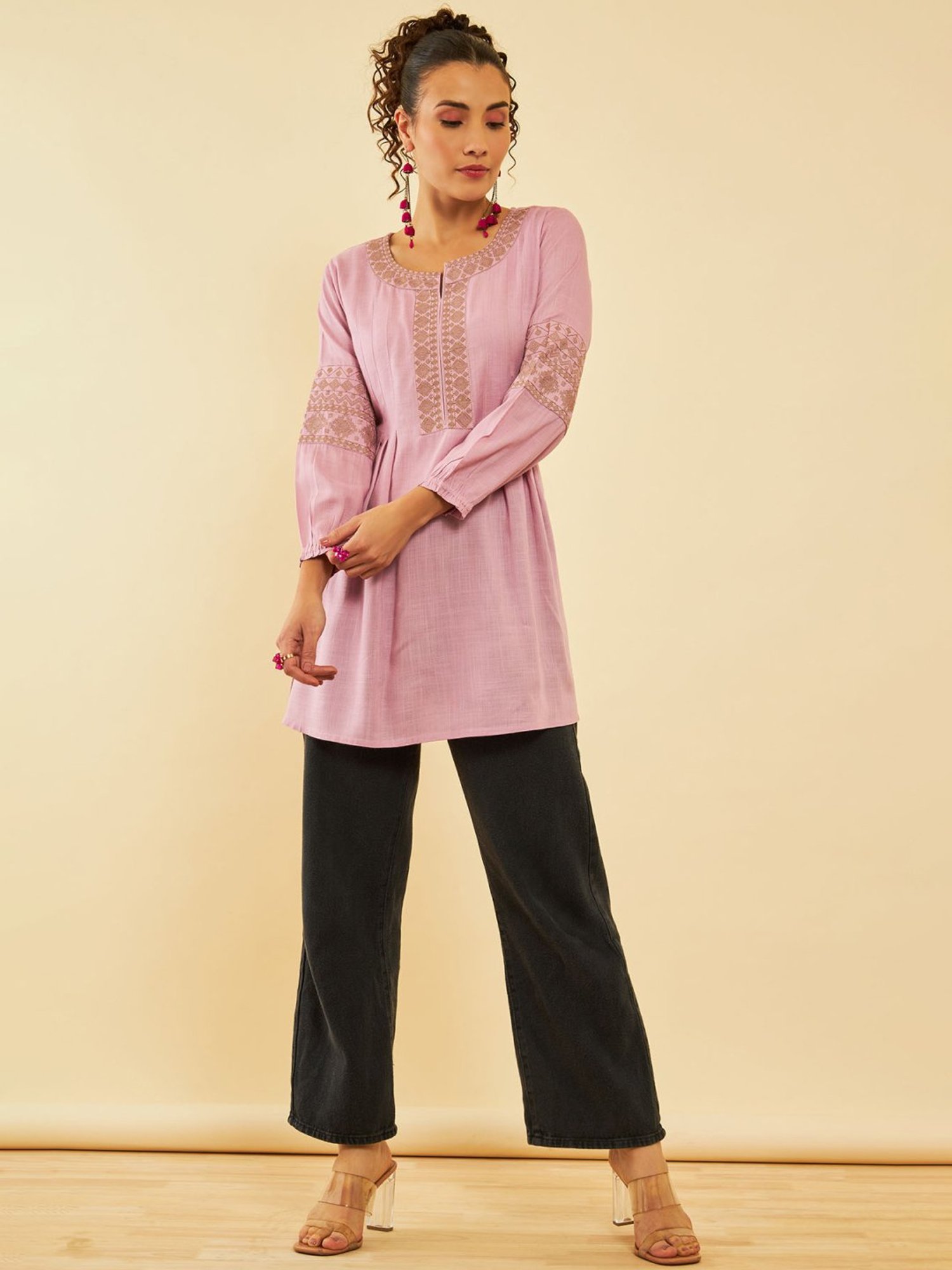 Soch Purple Rayon Slub Yoke Embroidery A-Line Tunic With Darts