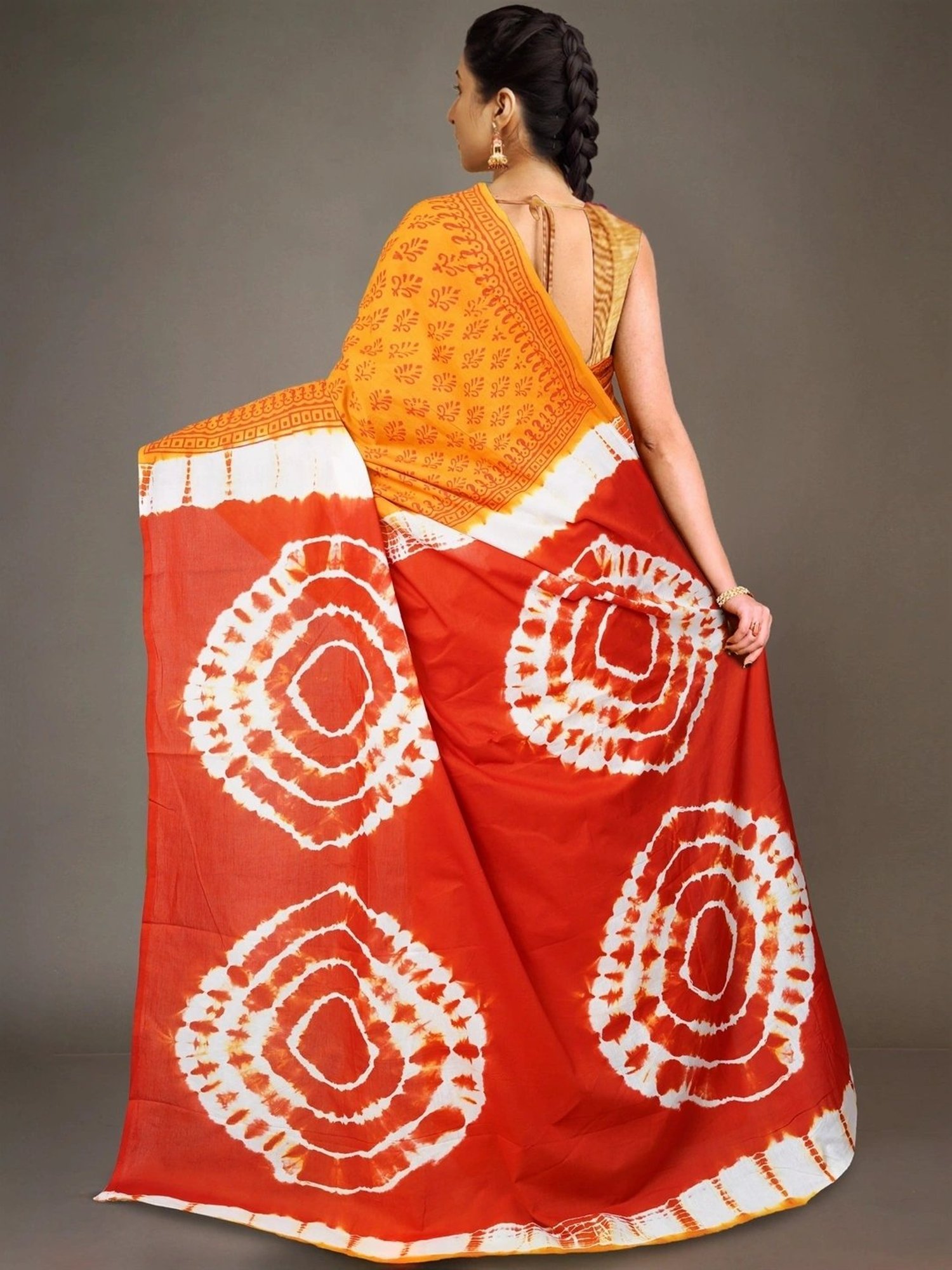 Unnati Silks Yellow & Red Cotton Printed Saree With Unstitched Blouse