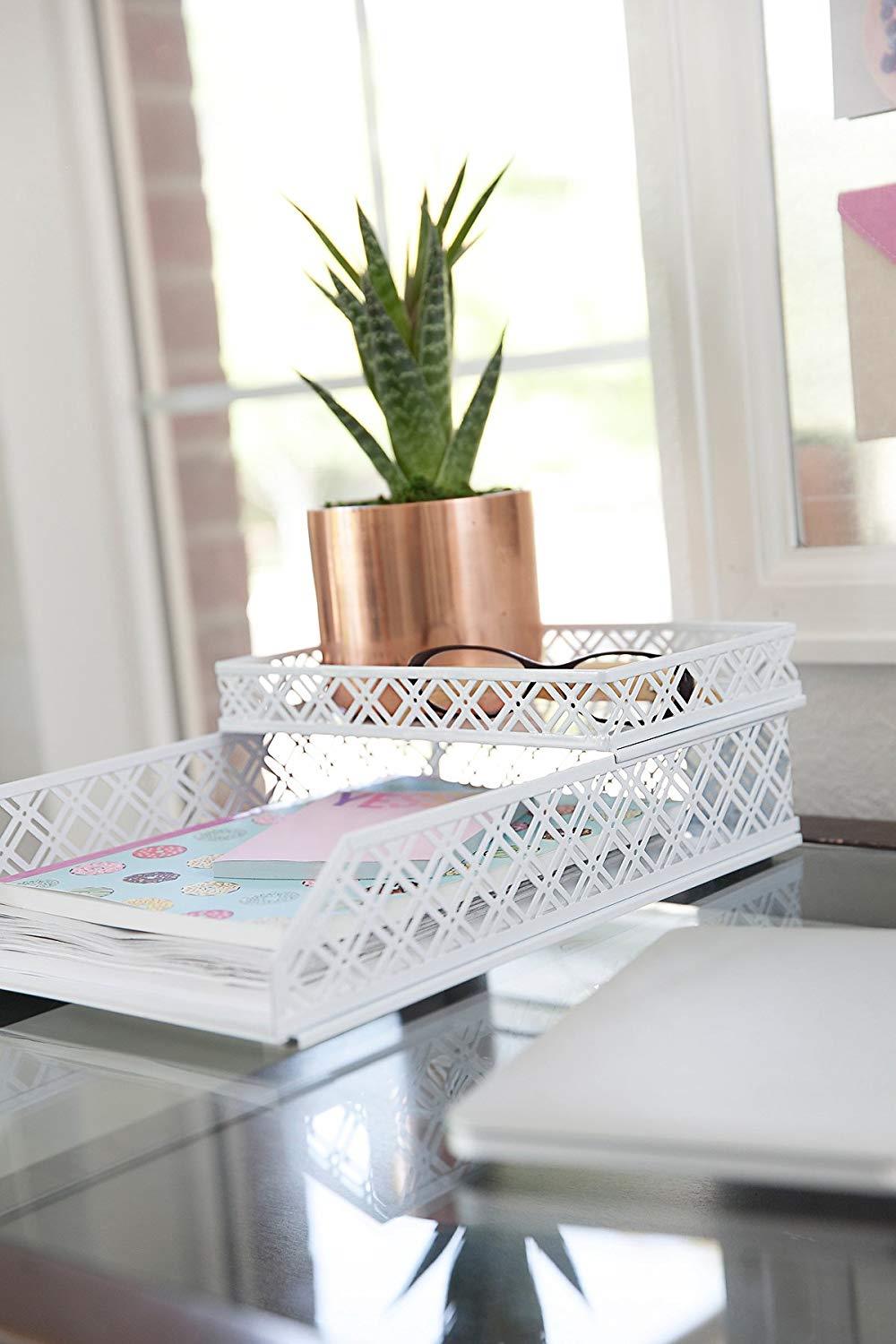 Blu Monaco White Desk Organizer - 5 Piece Interlocking Desk Accessories Set - Paper - Document Tray, Pen Cup, 3 Assorted Accessory Trays