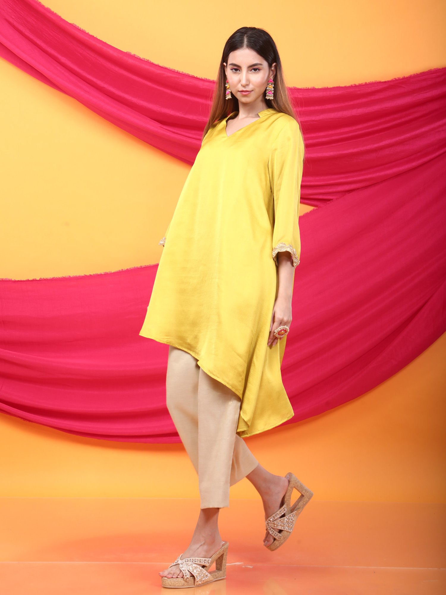 Monk & Mei Nusrat Assymetrical Kurta and Pant Co-ord Set-Canary Yellow and gold