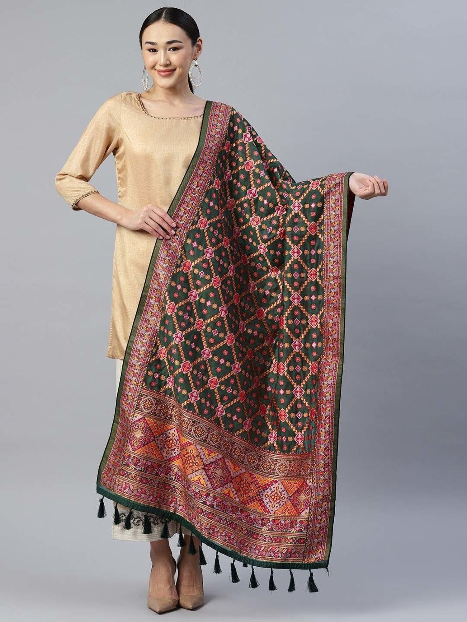 Silk Land Green Cotton Woven Pattern Dupatta