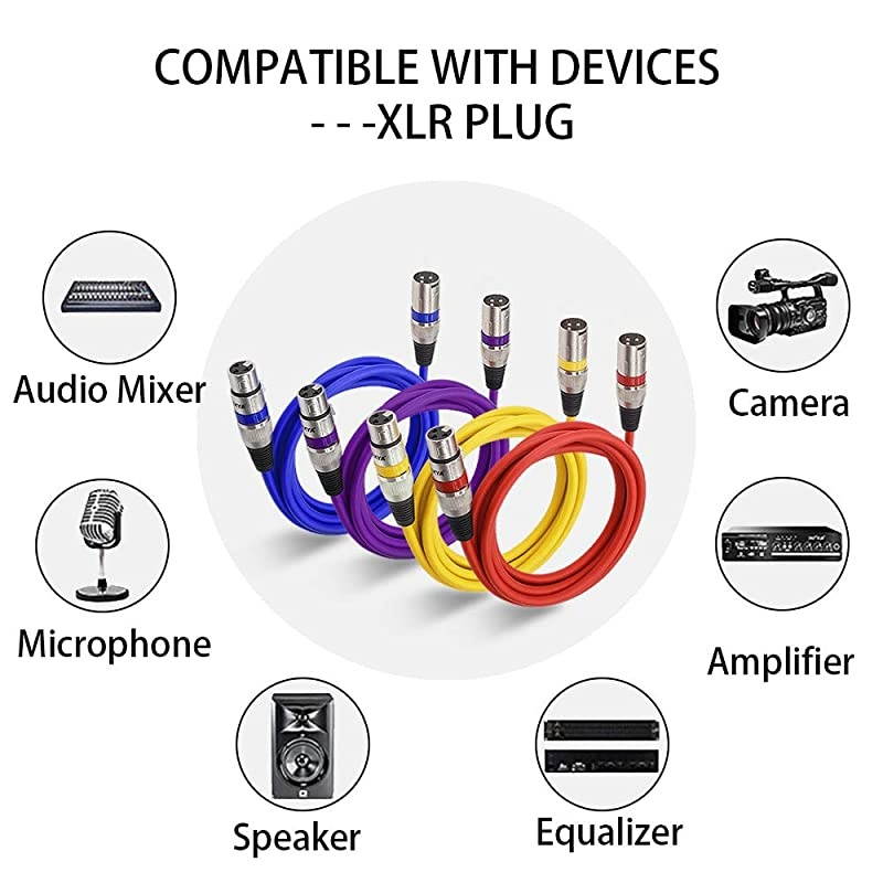 XLR Microphone Cable Male to Female 10 Feet 4 Colored Packs