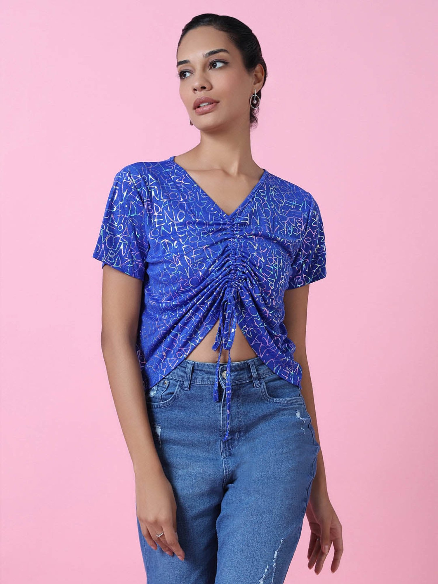 SHOWOFF Blue Printed Crop Top