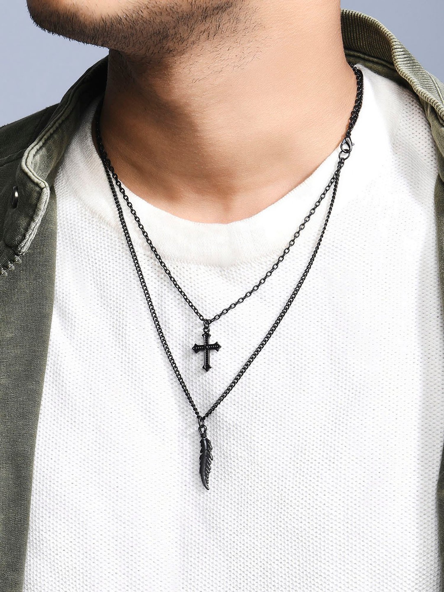 The Bro Code Black Coss & Wings Layered Necklace for Men