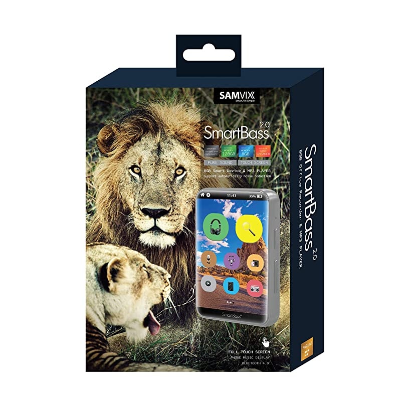 SMARTBASS 2.0 MP3 Player with Bluetooth, Full Touch Screen, MP3 Players Without Radio, NO Video, NO Pictures, Kosher, Option to Transfer Files from SD Card to The MP3, Voice Recorder (Blue)