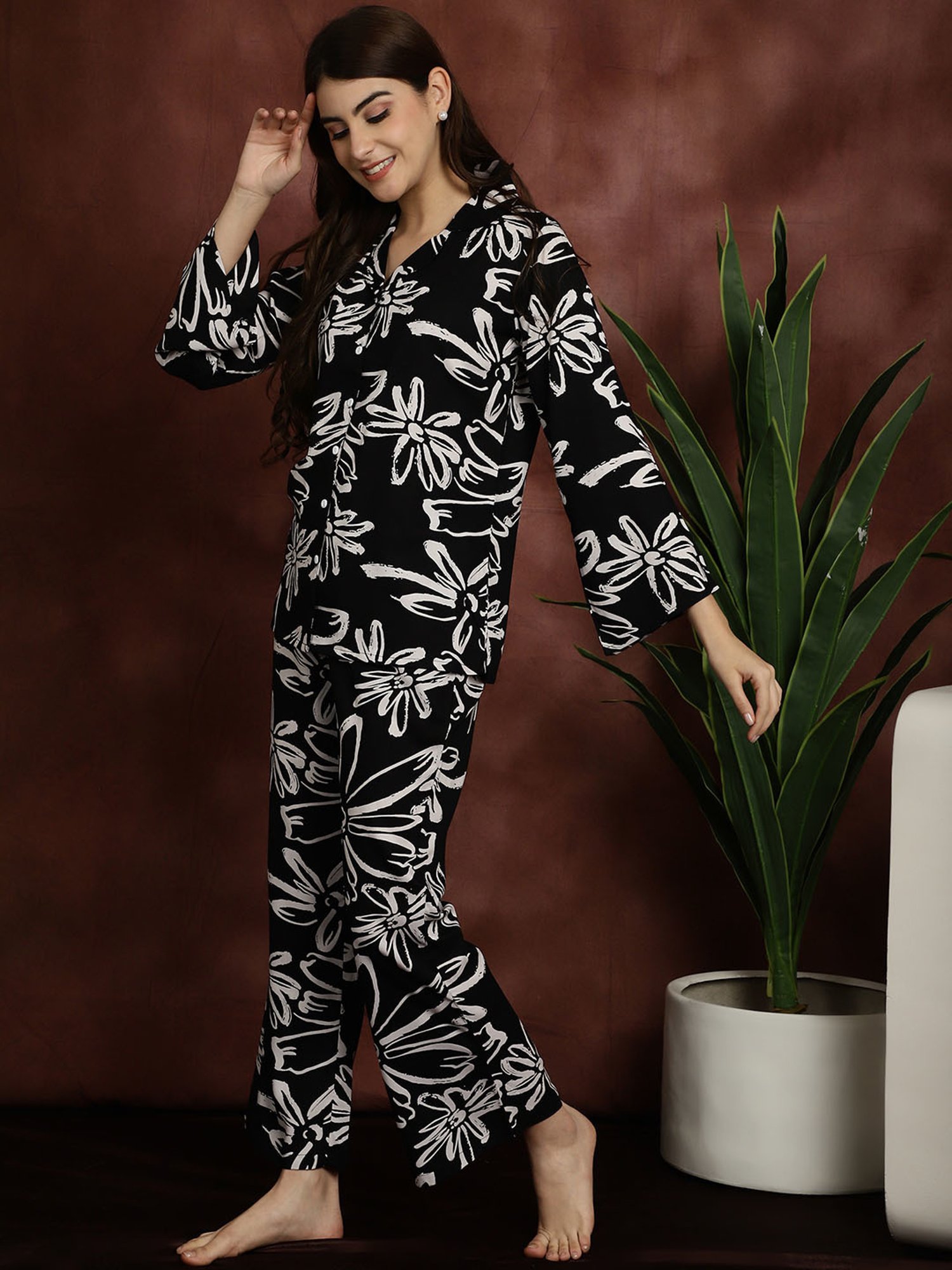 Boston Club Black Printed Top With Pyjamas