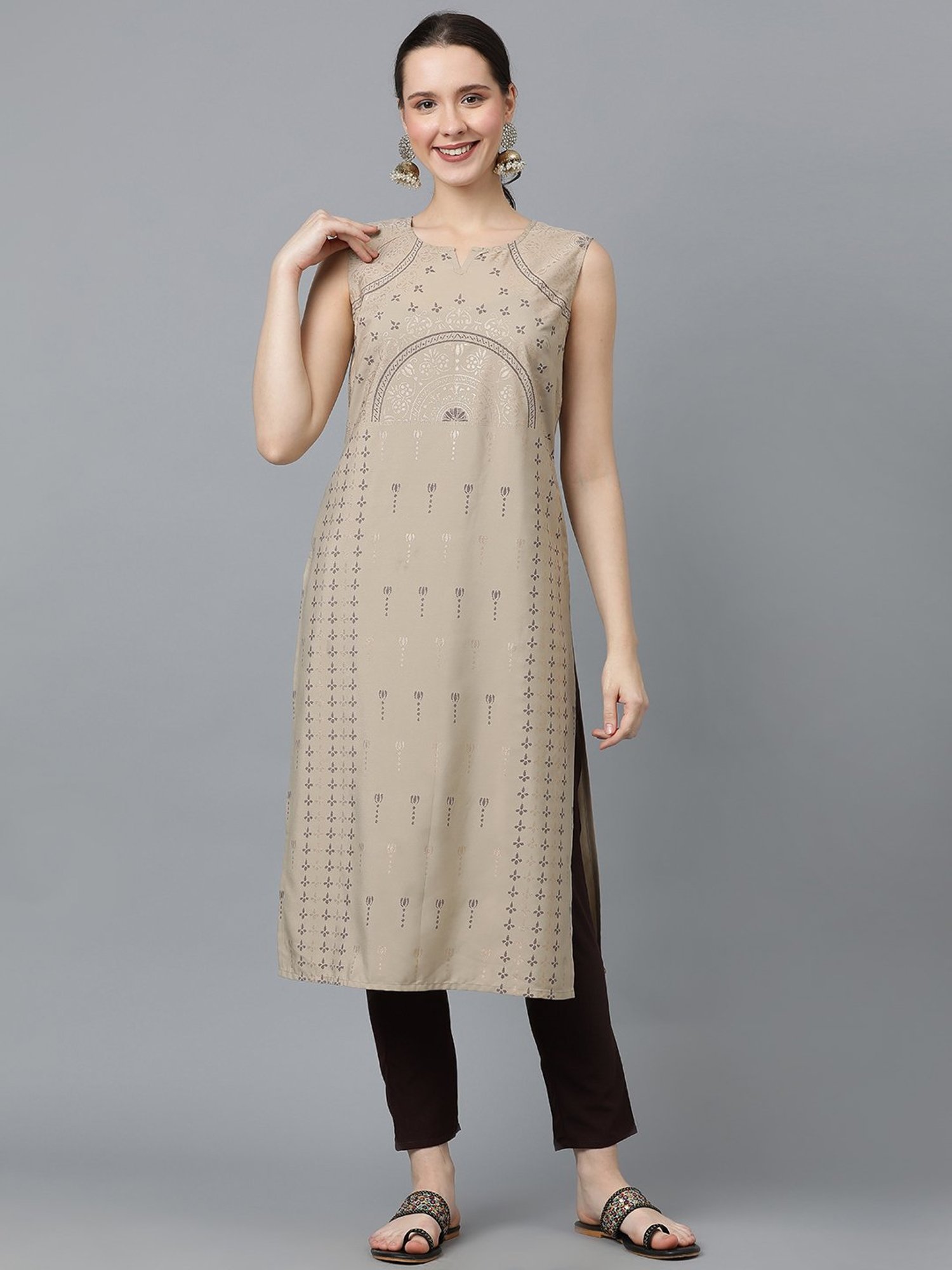 Ziyaa Beige Printed Straight Kurta