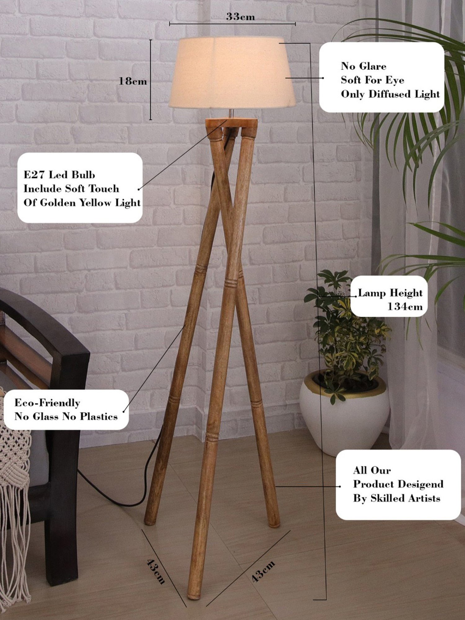 Homesake 'Tripod' Khadi & Brown Wood Cross-Leg Floor Lamp With Shade & Bulb - Set of 1
